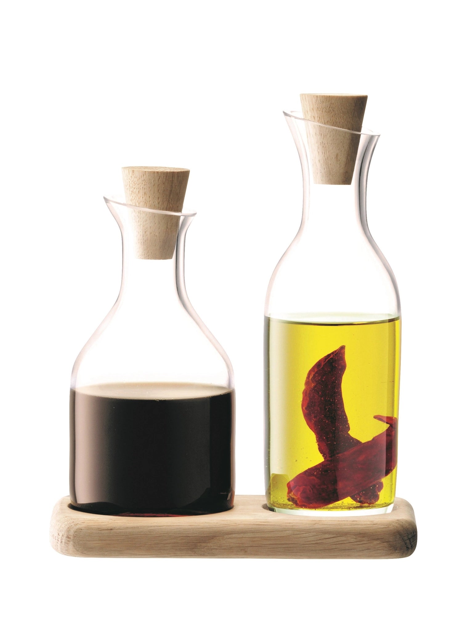 Serve vinegar/oil set with base made of oak wood L15cm - clear