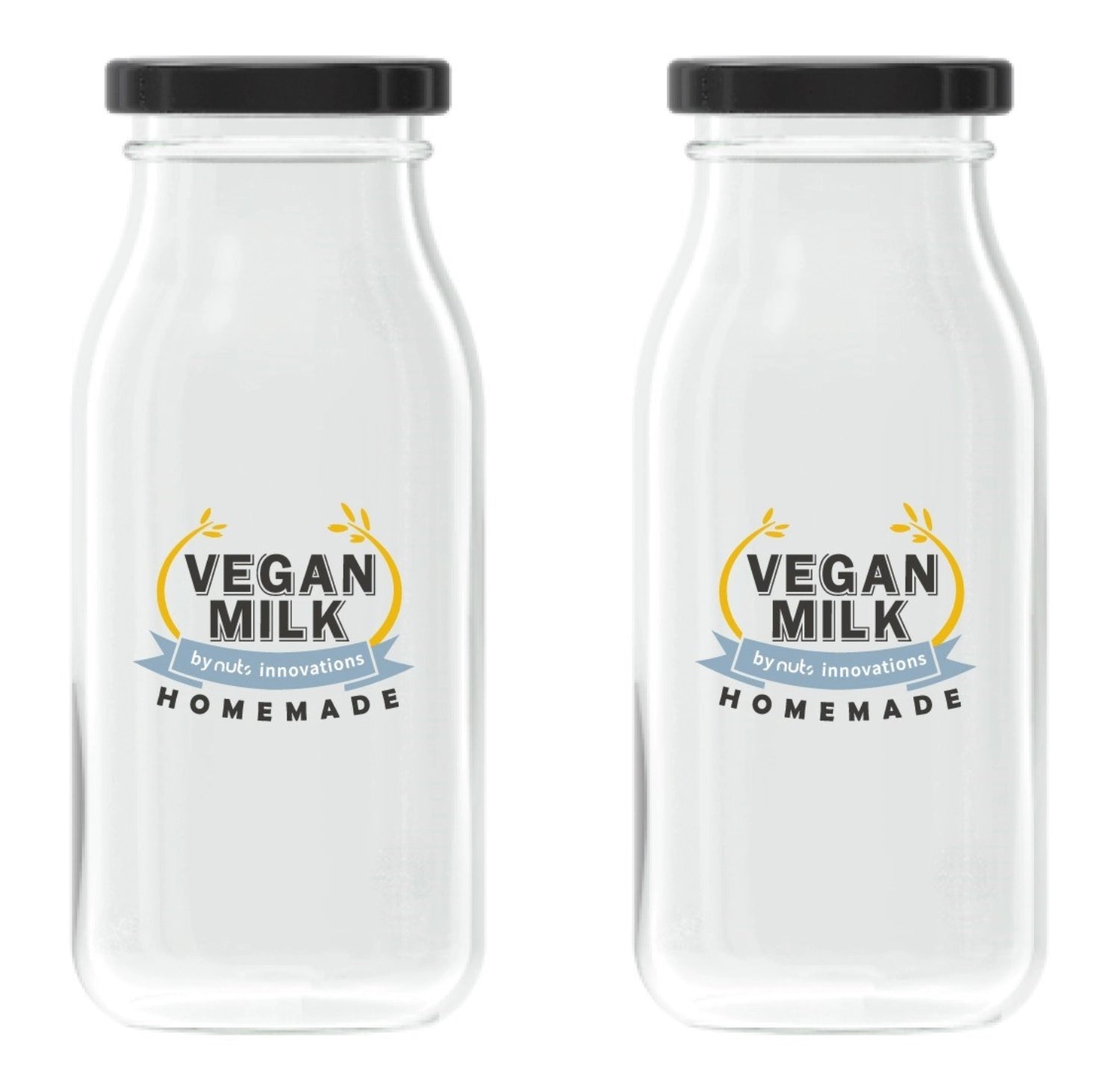 Praktisches 2er Set Flaschen für vegane Milch, 220ml und 900ml, ideal zum Aufbewahren und Servieren pflanzlicher Getränke.