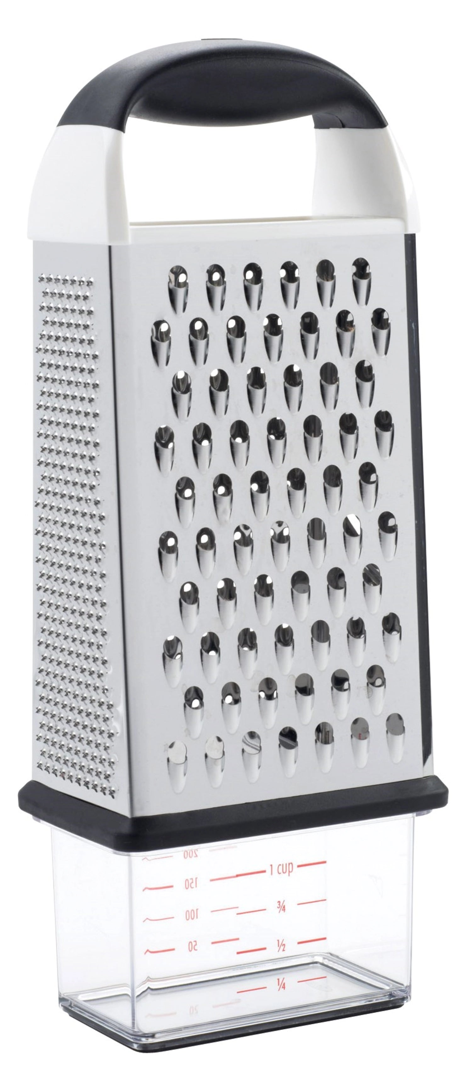 Praktische 4-seitige Reibe mit Auffangbehälter von OXO, ideal zum Reiben von Käse, Gemüse und mehr für eine einfache Zubereitung.