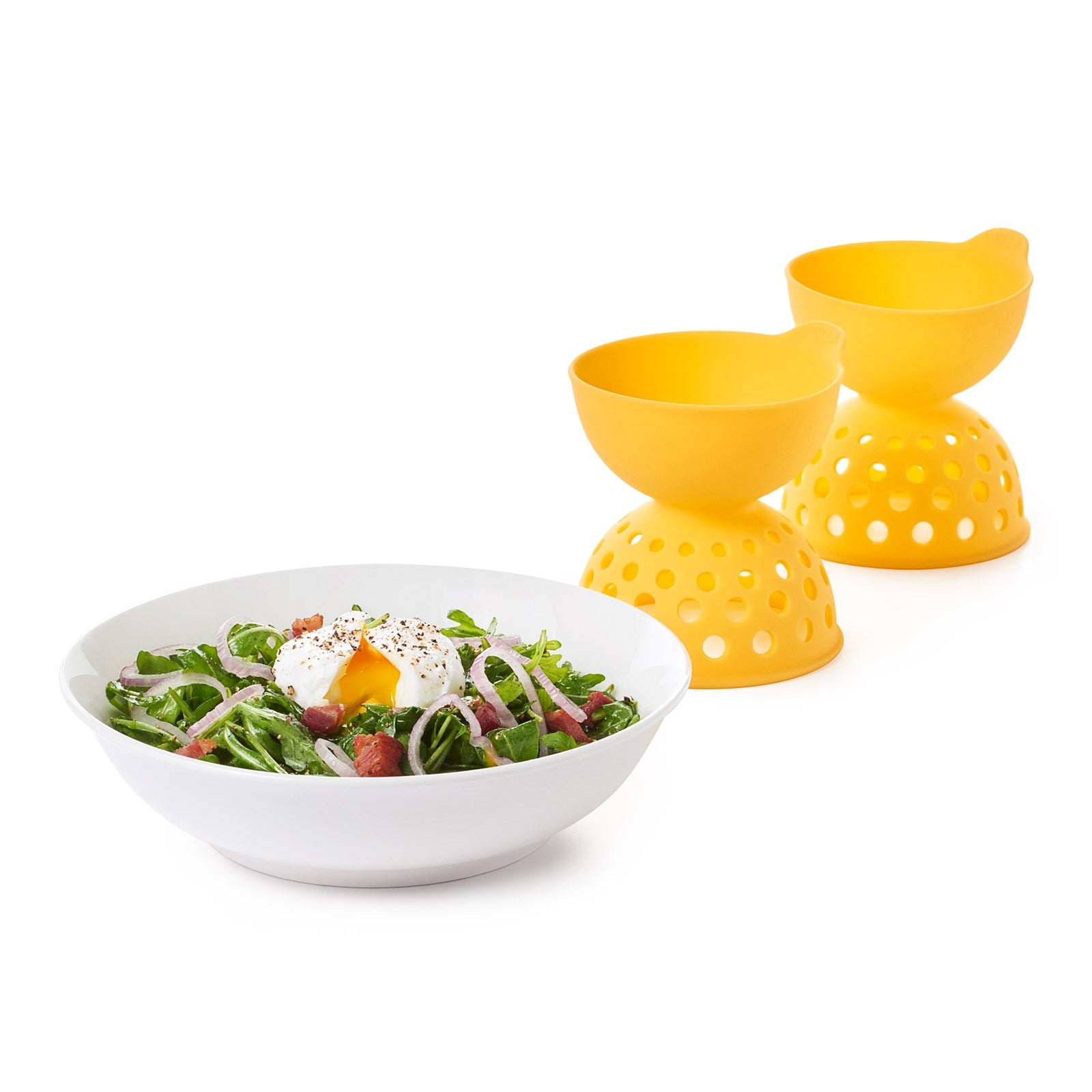 Entdecken Sie das OXO 2er Set Eier-Pochierer aus hochwertigem Silikon in leuchtendem Gelb – für mühelos perfekt pochierte Eier!