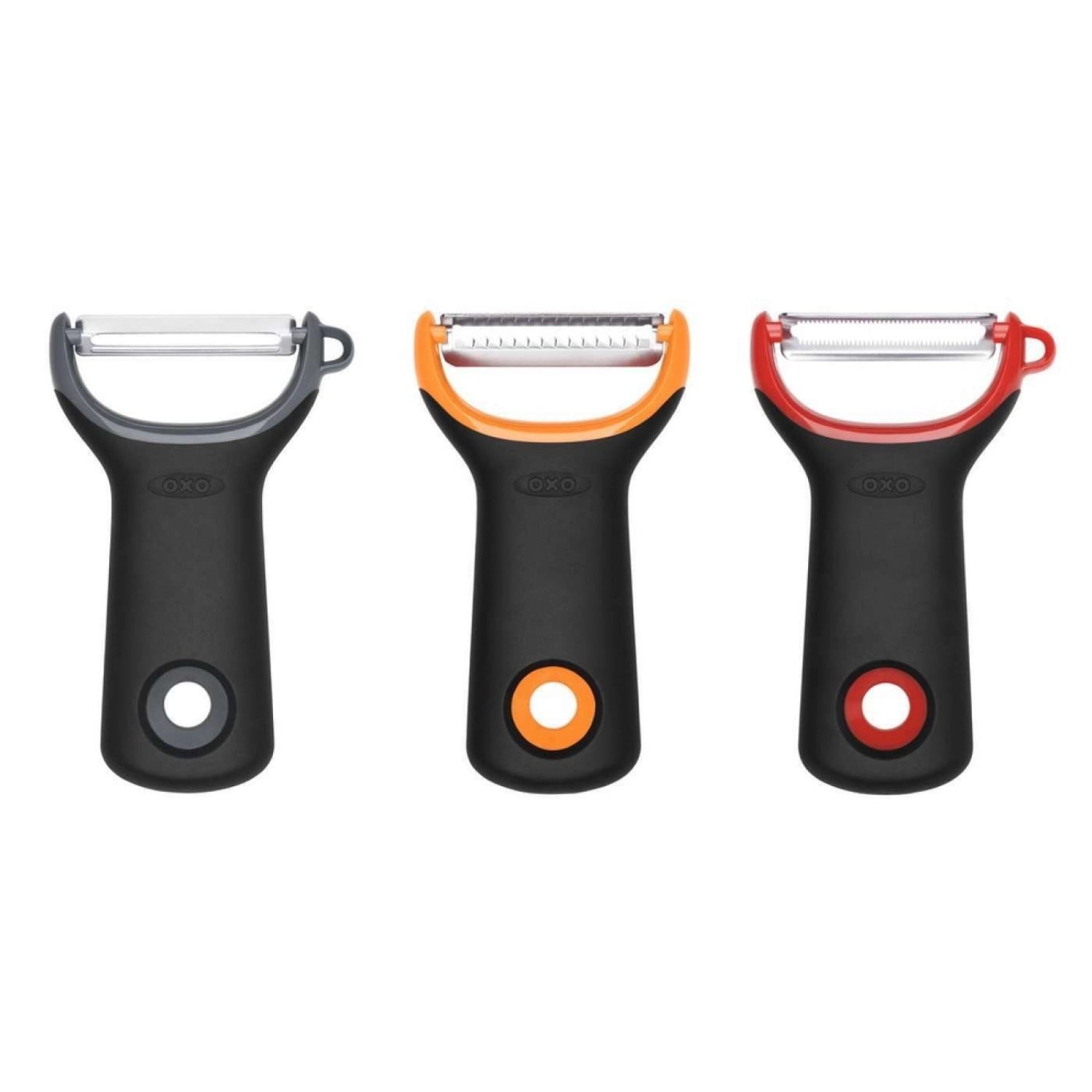 3er Set OXO Good Grips Präzision Y Schäler in verschiedenen Farben, ideal zum einfachen Schälen von Obst und Gemüse mit ergonomischem Griff.