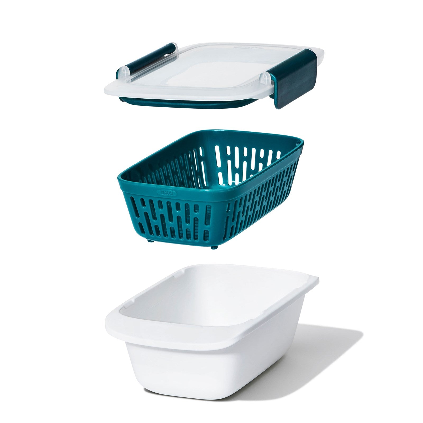 Praktischer 0.45L OXO Behälter mit Sieb, BPA-frei, luftdicht, ideal für Snacks & Salate, spülmaschinenfest, mobil & langlebig.