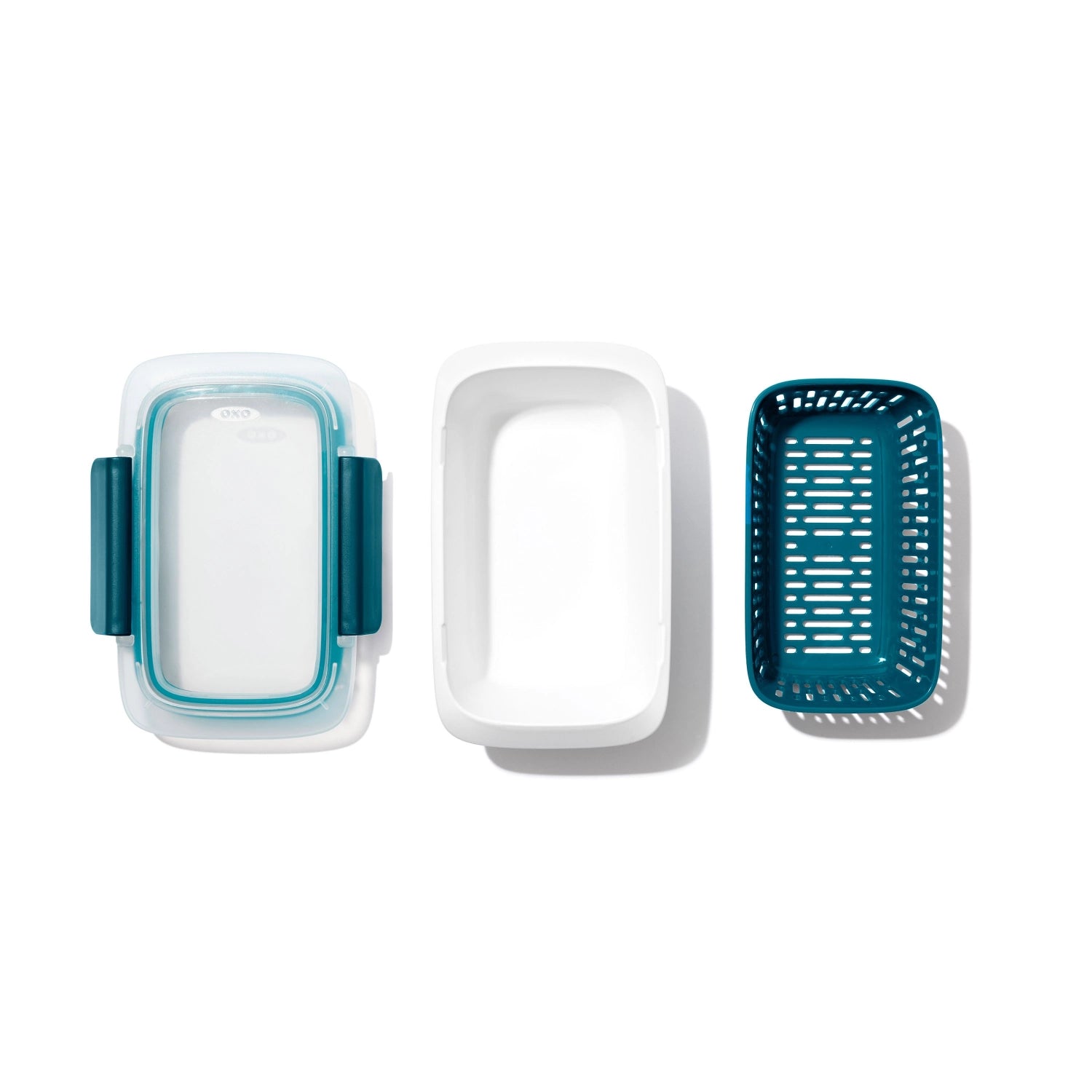 OXO Good Grips Prep & Go Behälter mit Sieb, 0.45L – ideal für die praktische Lagerung und Vorbereitung von Obst, Gemüse und anderen Lebensmitteln.