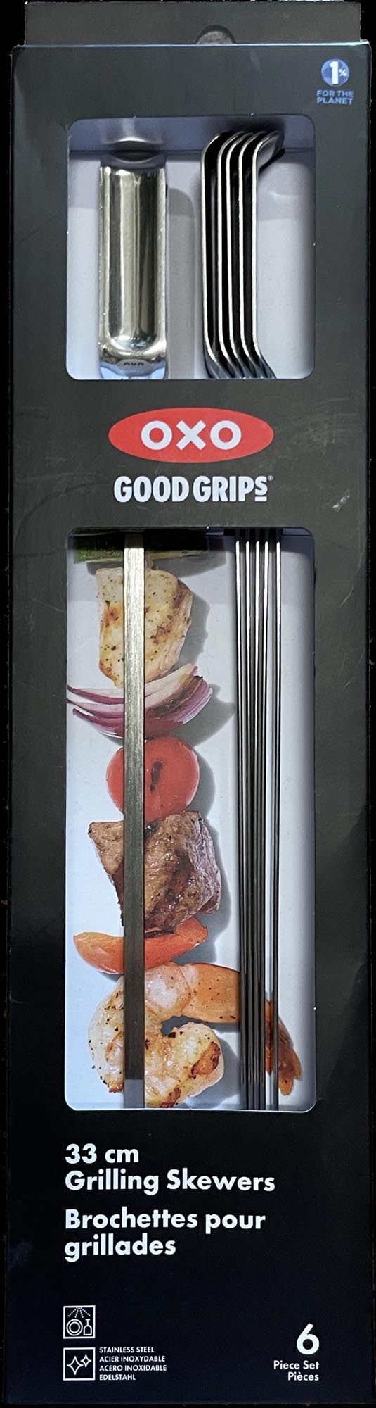 Robuste, 30 cm lange Edelstahl-Grillspiesse von OXO, ideal für Fleisch, Fisch und Gemüse. Spülmaschinenfest und ergonomisch.
