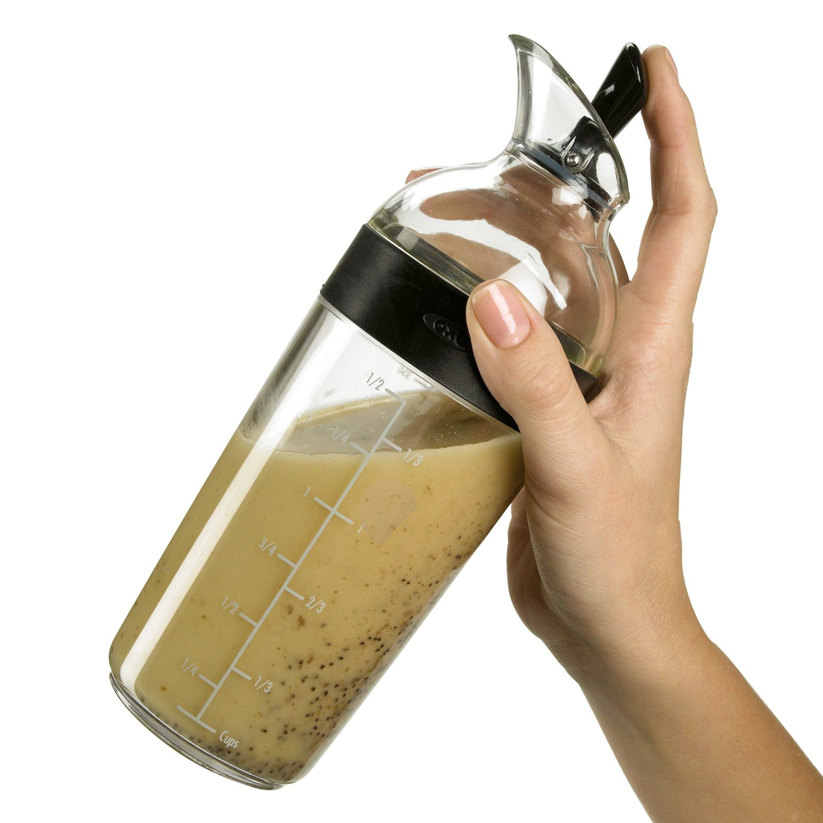 Eleganter OXO Salatdressing Shaker 350ml, schwarz, aus BPA-freiem Tritan, mit praktischer Ausgiessöffnung, spülmaschinenfest.