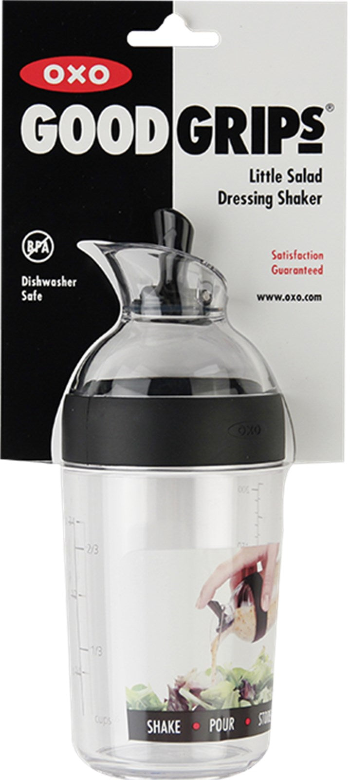 Kompakter 240ml OXO Shaker in elegantem Schwarz, ideal für frische Dressings. BPA-frei, spülmaschinenfest, langlebig.