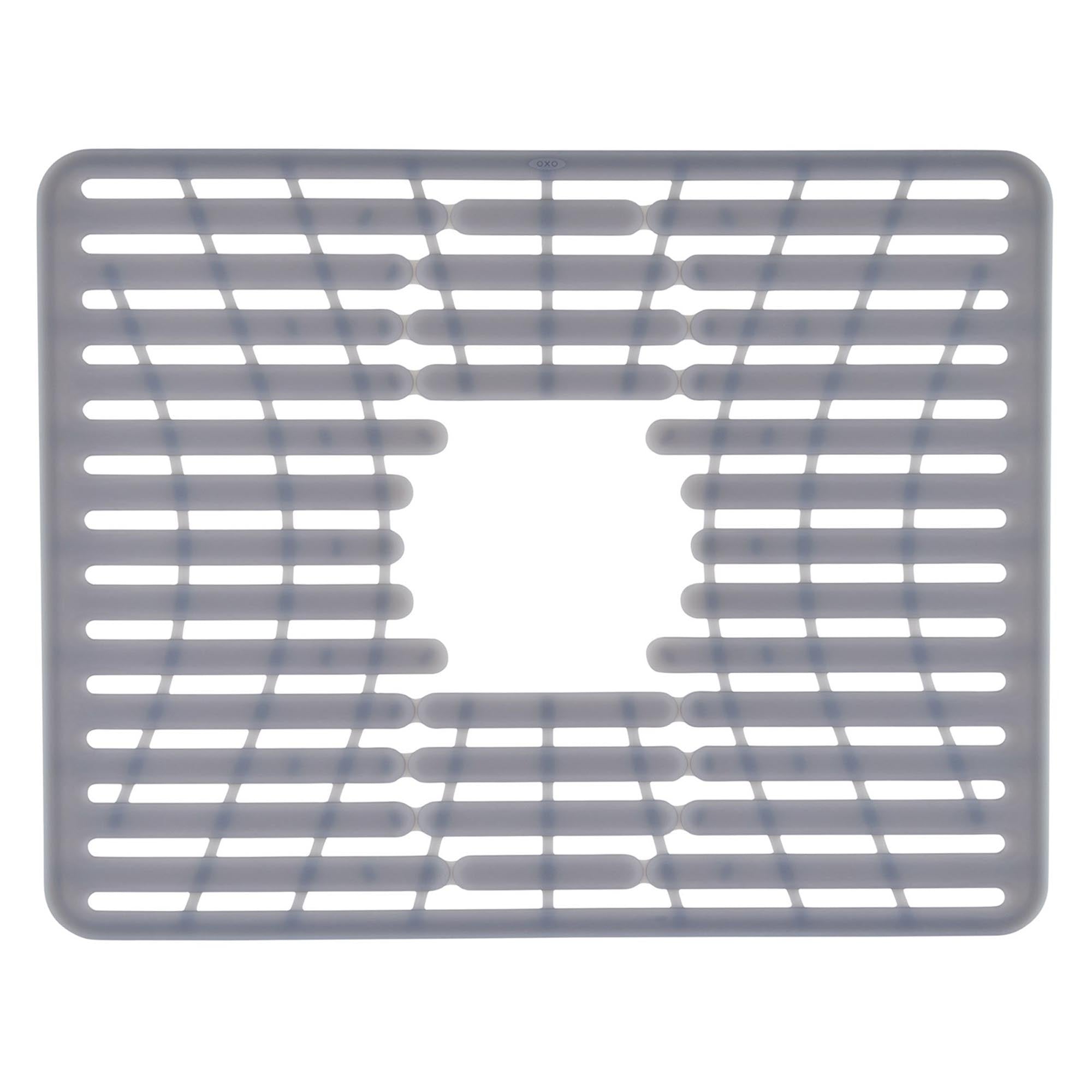 Grosse, graue OXO Silikon Spülbeckenmatte (43x32 cm): rutschfest, hitzebeständig, schützt Geschirr und Spüle, leicht zu reinigen.