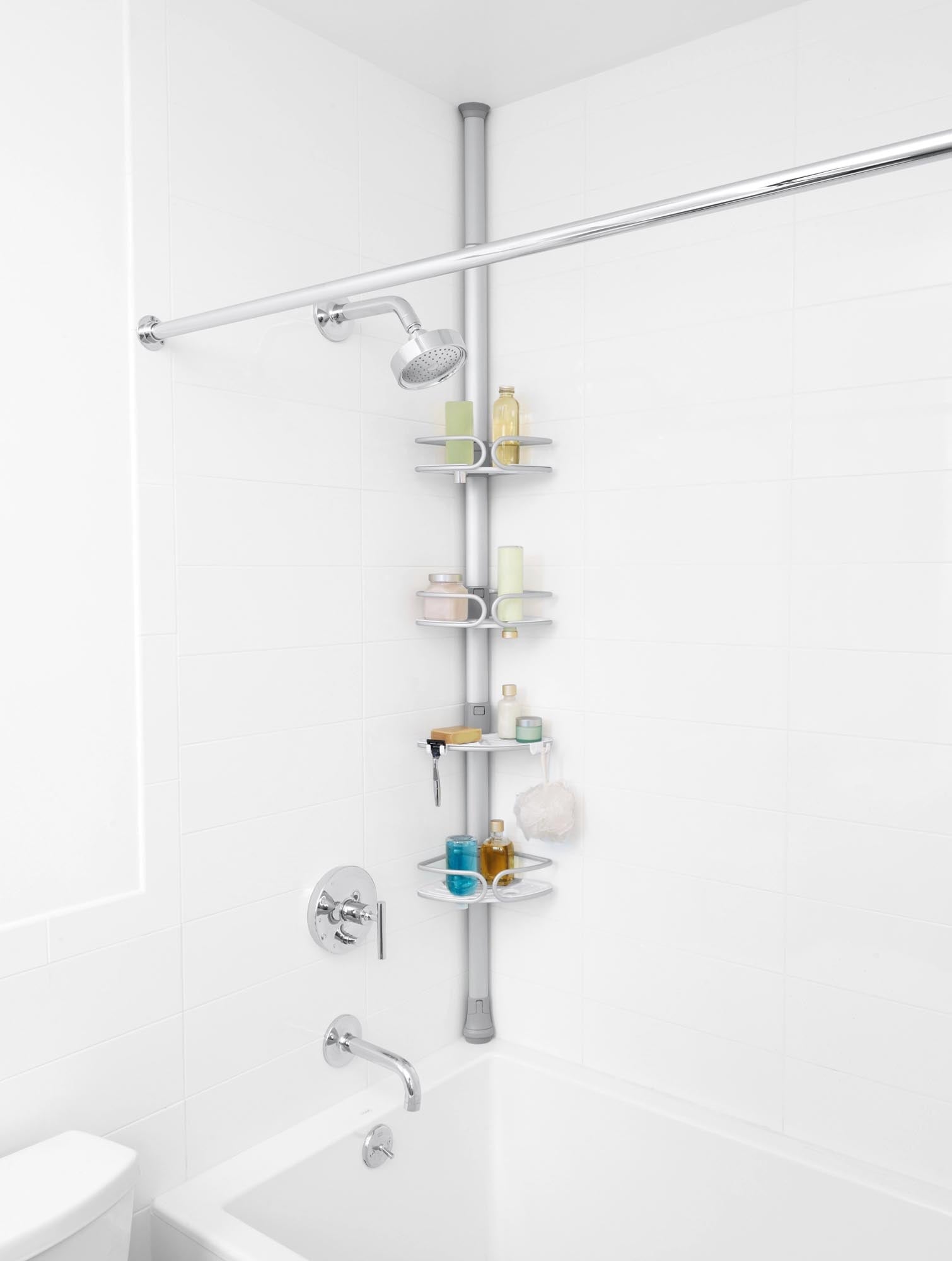 Elegantes, rostfreies OXO Eck-Duschregal aus Aluminium mit ausziehbarer Spannstange, bietet viel Platz und ist leicht zu reinigen.