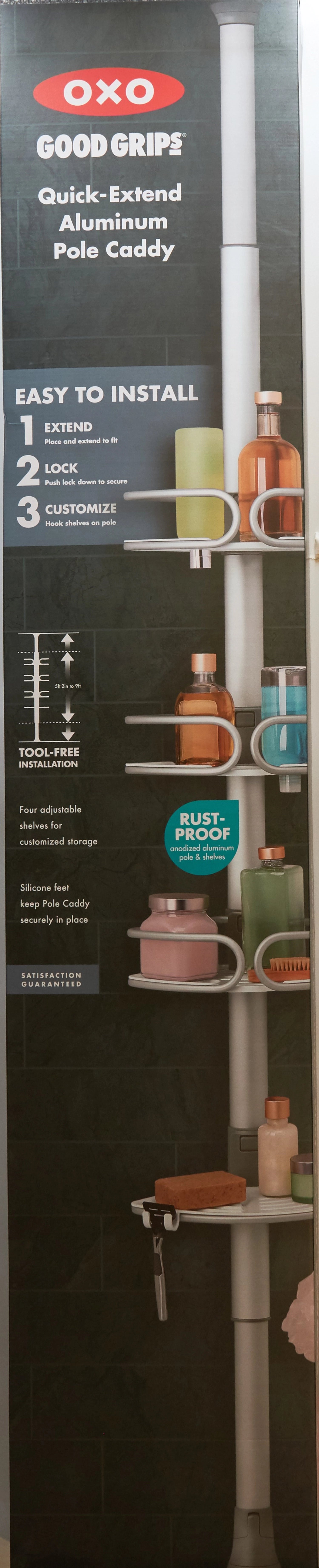 <tc>OXO</tc> Good Grips corner shower shelf with tension rod extendable aluminum