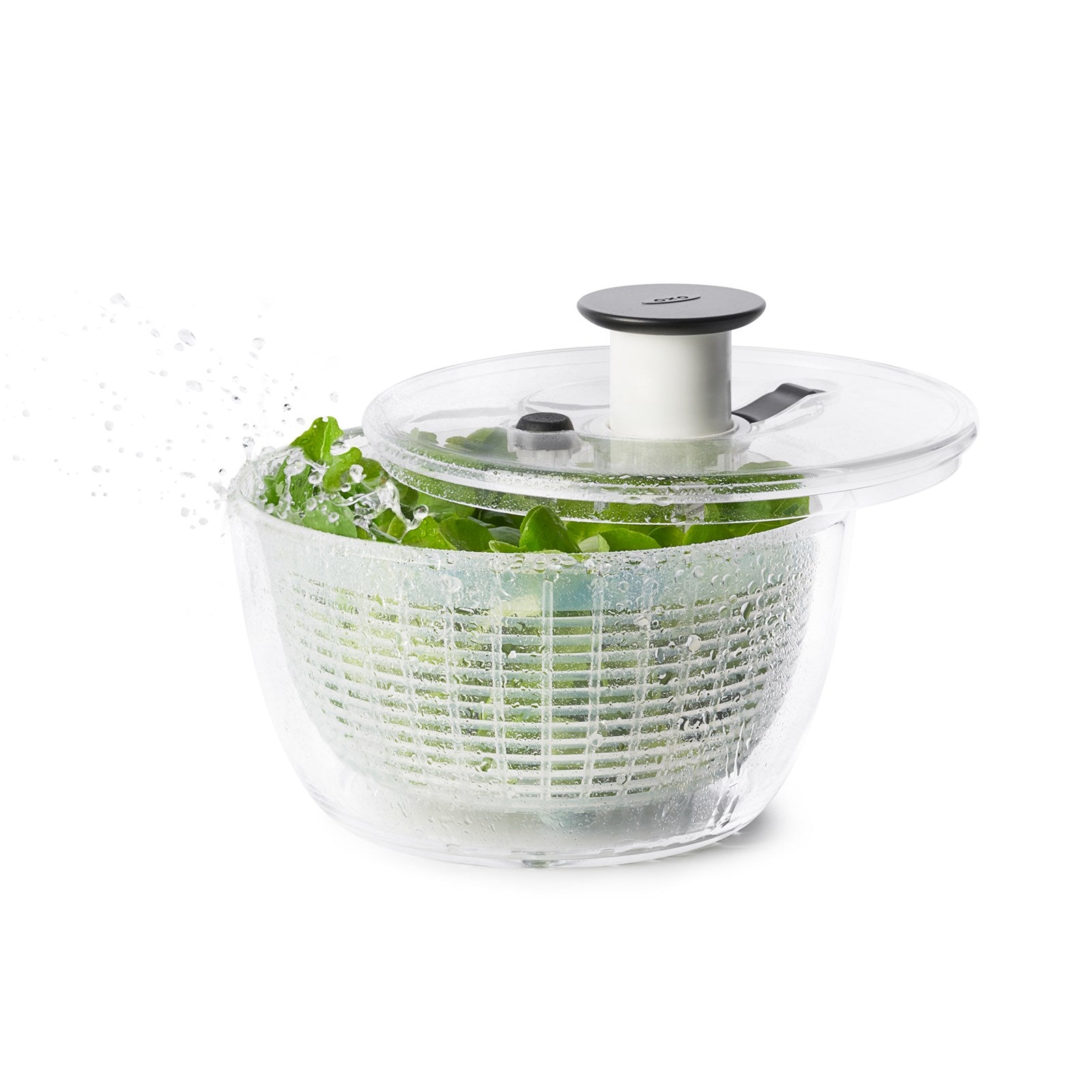Kleine, runde Salatschleuder von OXO, 2,7 l, transparent, langlebig, leicht zu reinigen, perfekt für knackige Salate und einfache Handhabung.