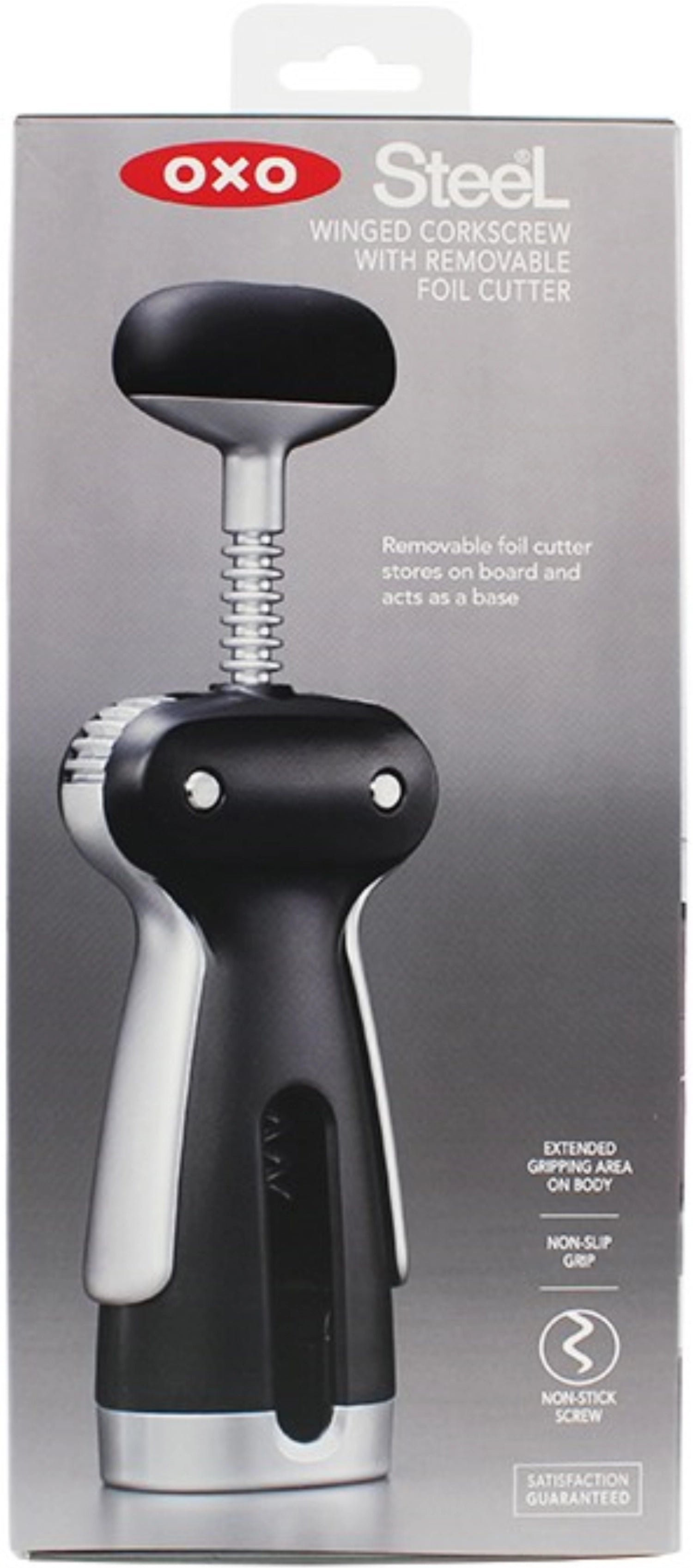 Erleben Sie den OXO Good Grips Steel Korkenzieher in elegantem Schwarz. Perfekt für Weinliebhaber, bietet er müheloses Öffnen und vielseitige Funktionen!