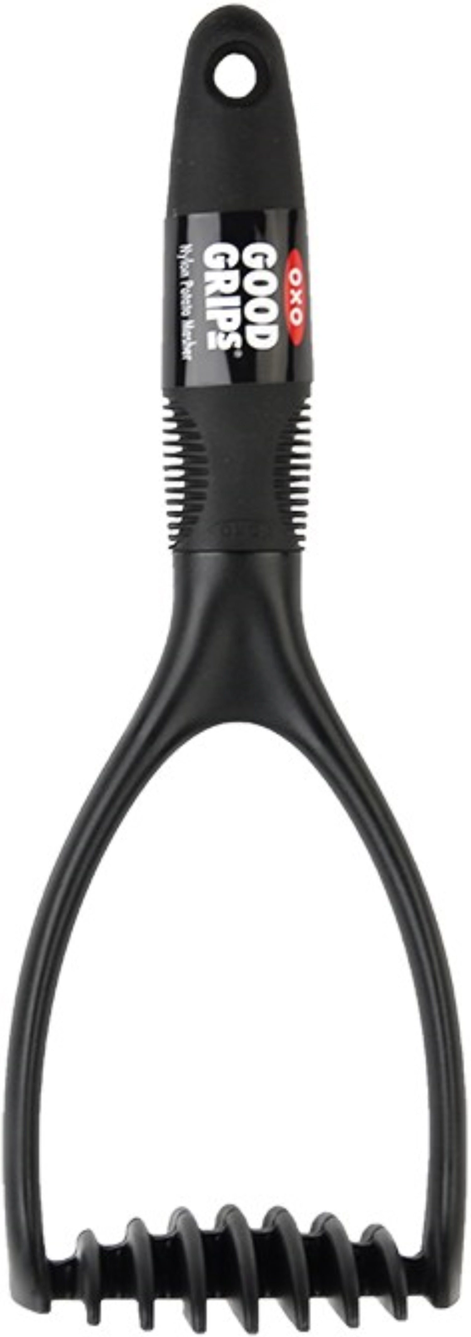 Schwarzer Nylon Kartoffelstampfer von OXO, ideal zum einfachen Zerkleinern von Kartoffeln und Gemüse, ergonomisches Design für müheloses Arbeiten.