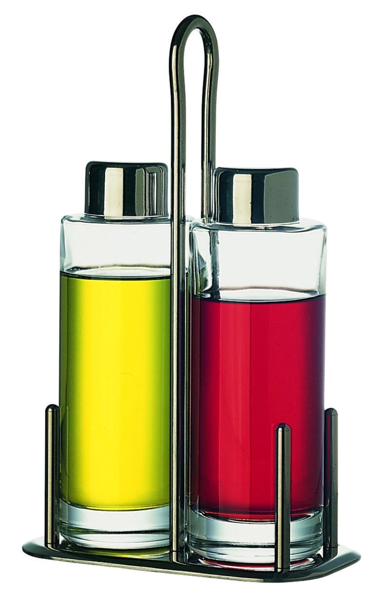 Elegantes 2tlg Ménage Set aus Edelstahl und Glas für Essig & Öl, ideal für Feinschmecker und als stilvolles Geschenk.