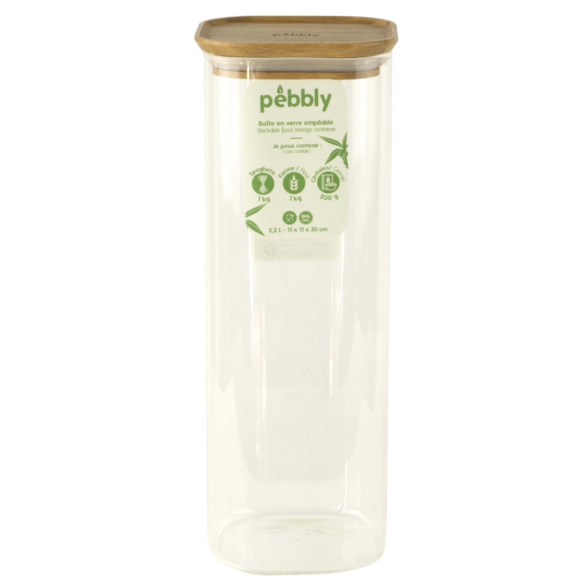 Stilvolles Pebbly Vorratsglas mit 2,2L Fassungsvermögen und elegantem Bambusdeckel. Perfekt für die Aufbewahrung von Lebensmitteln und Snacks.