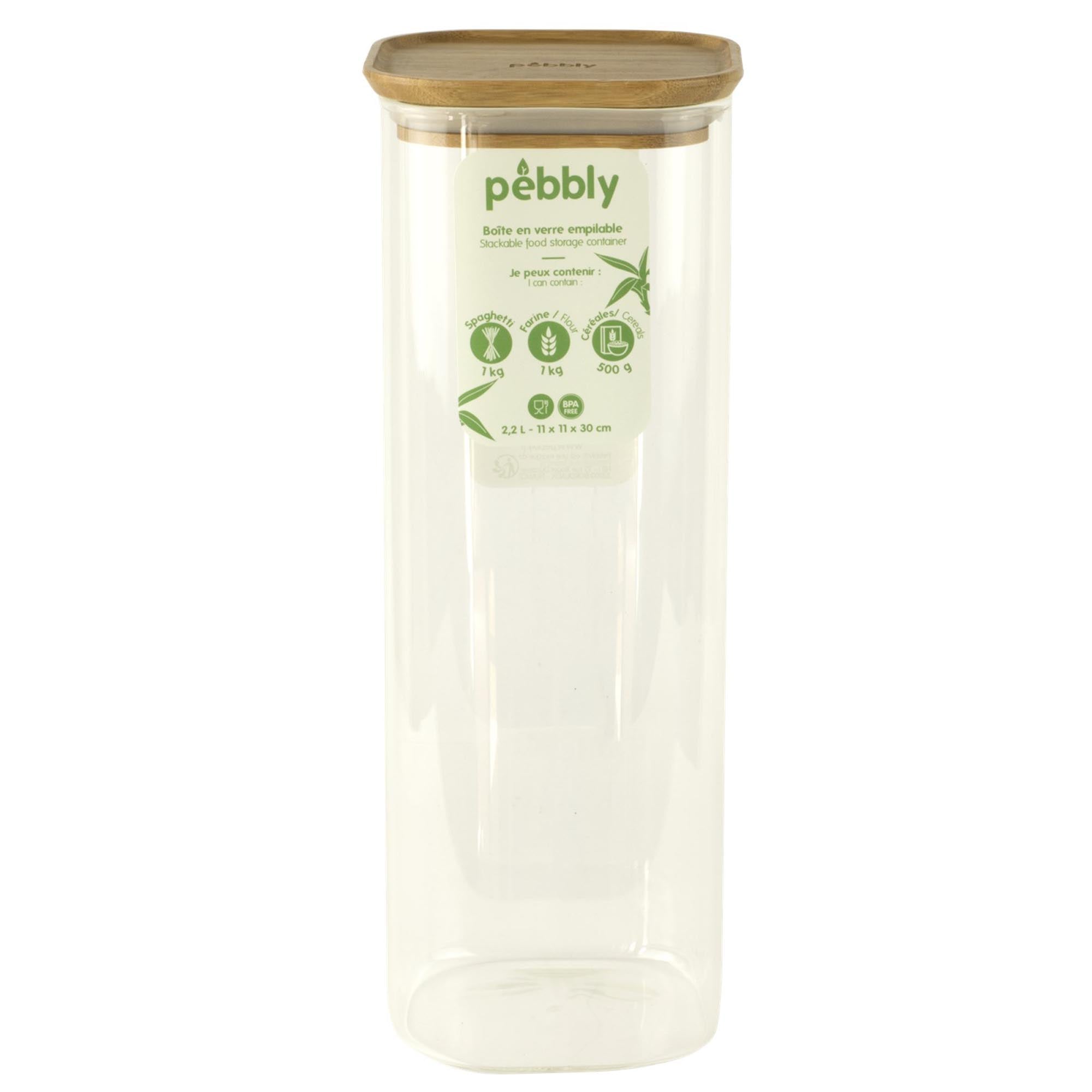 Praktisches Vorratsglas von Pebbly mit luftdichtem Bambusdeckel, 2,2L, ideal für trockene Lebensmittel und Snacks. Modernes Design, leicht zu reinigen.