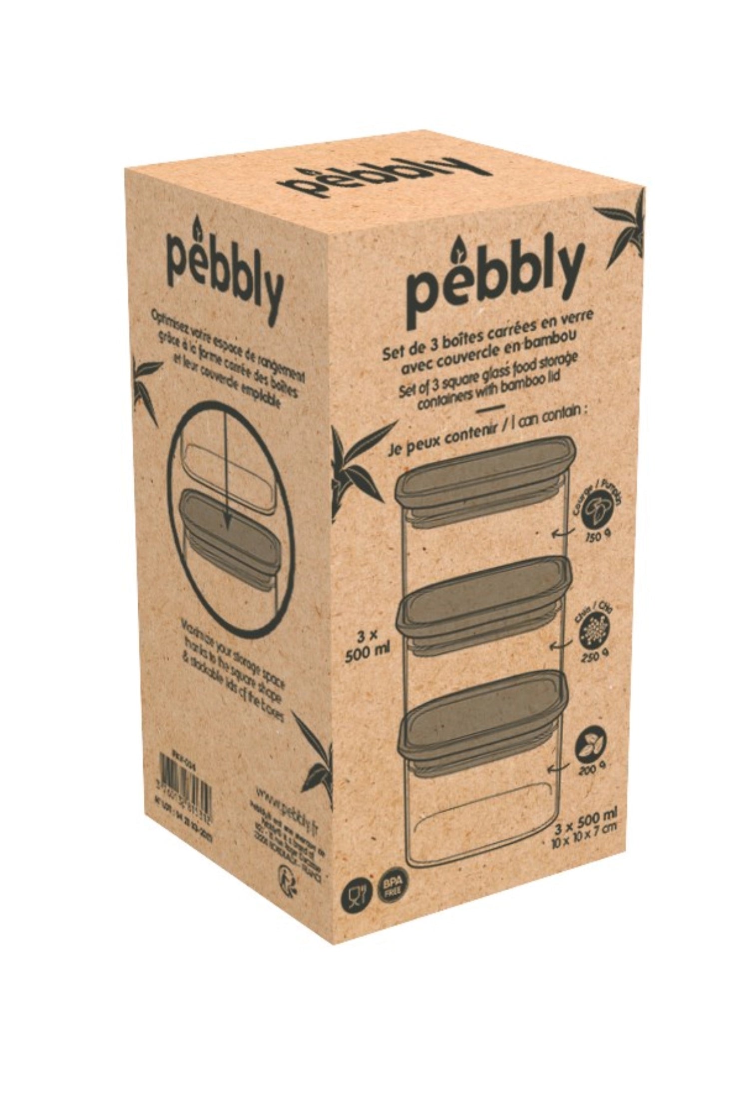 Ensemble de 3 Pebbly Pot de conservation avec couvercle en bambou 0,5 l