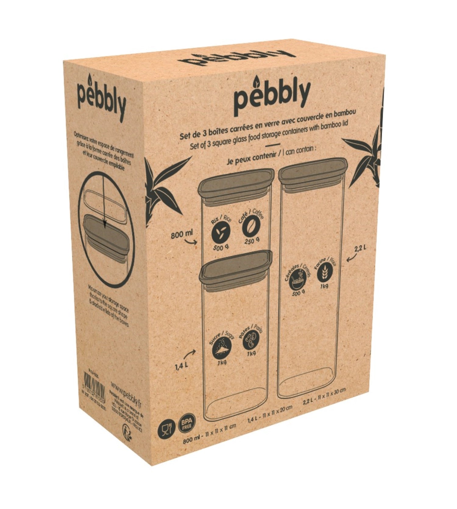 3er Set Pebbly Vorratsglas mit Bambusdeckel 0.8, 1.4, 2.2lt