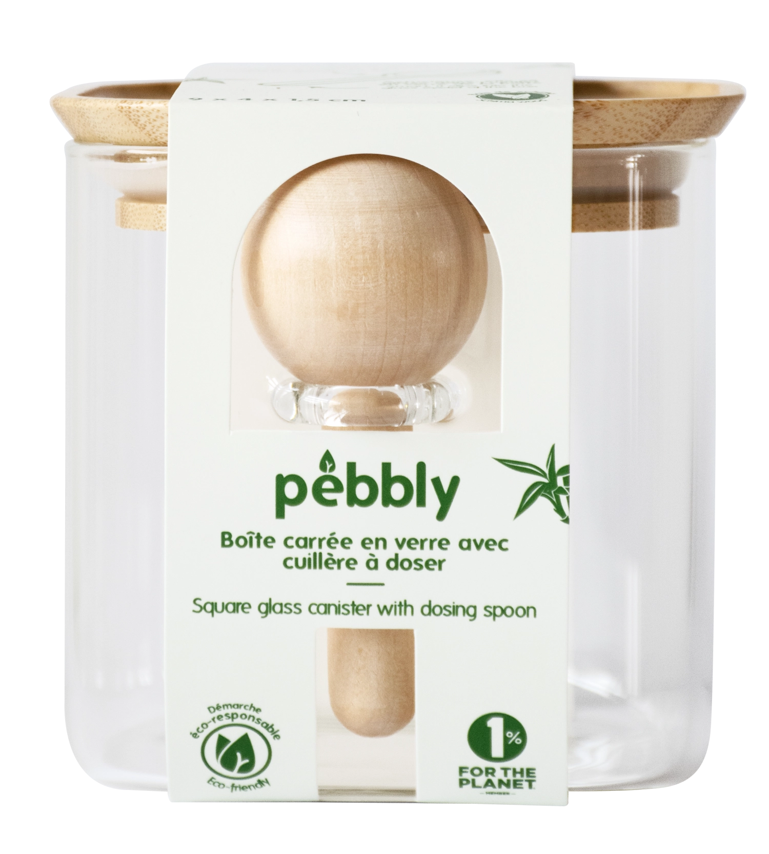 Pebbly Barattolo di conservazione con coperchio in bambù da 0,8 l e cucchiaio dosatore in bambù da 5 ml