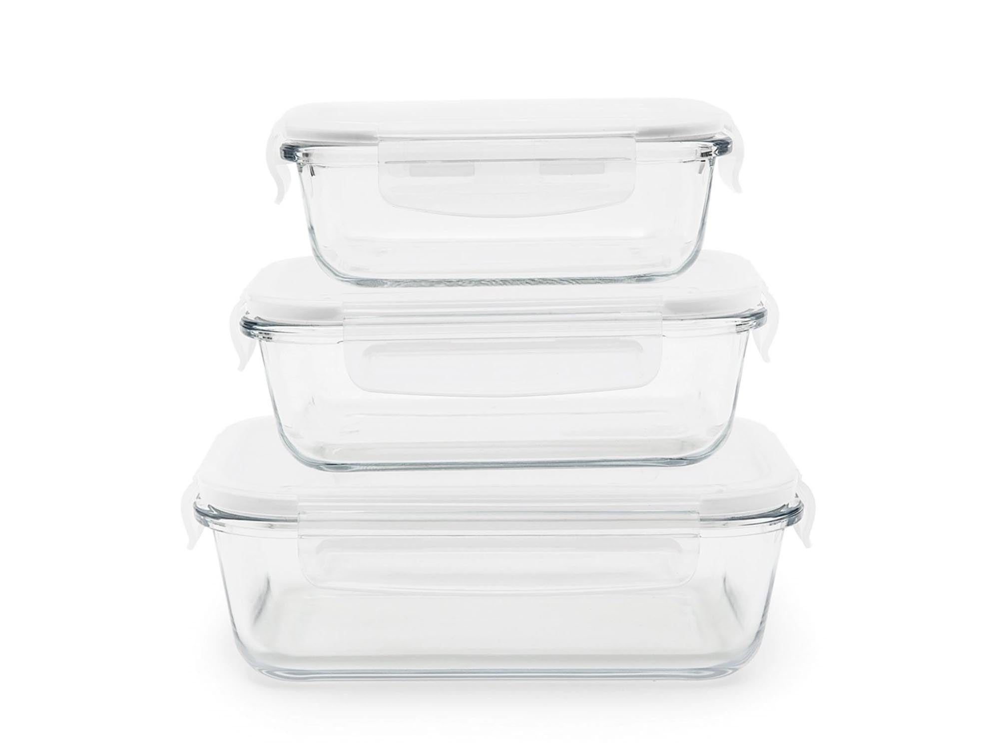 Praktisches 3er Set Pebbly Vorratsdosen aus Borosilikatglas, luftdicht mit Ventil, ideal für frische und ordentliche Lebensmittelaufbewahrung.