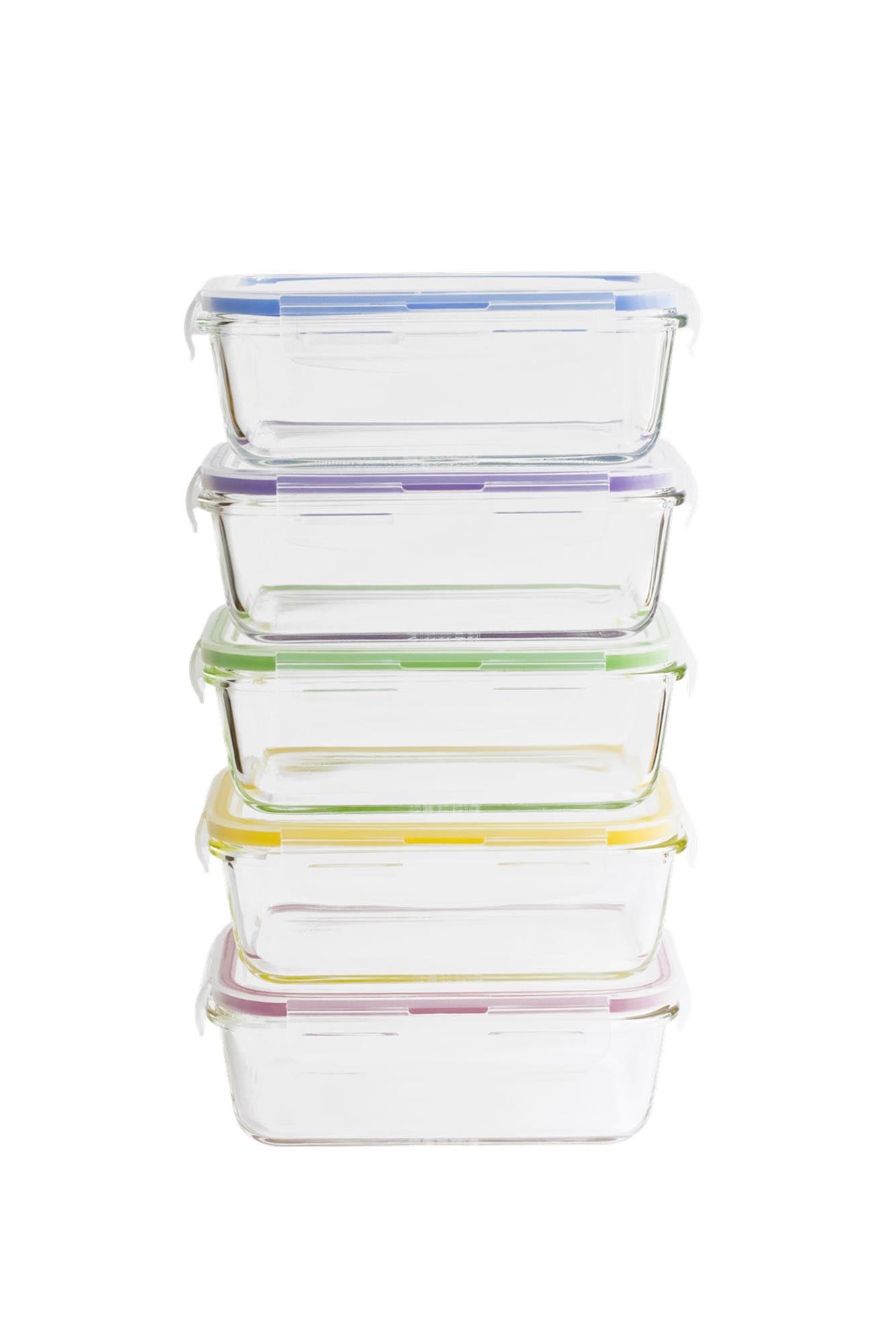 Praktisches 5er Set Vorratsgläser (850 ml) aus hitzebeständigem Borosilikatglas mit robustem Plastikdeckel für frische Lebensmittel.