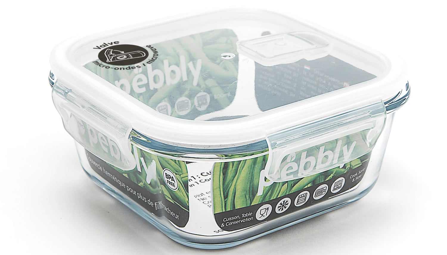 Entdecken Sie die Pebbly Glas Vorratsdose mit Ventil (80cl) aus Borosilikatglas. Ideal für frische Lebensmittel, luftdicht, stapelbar und spülmaschinenfest.