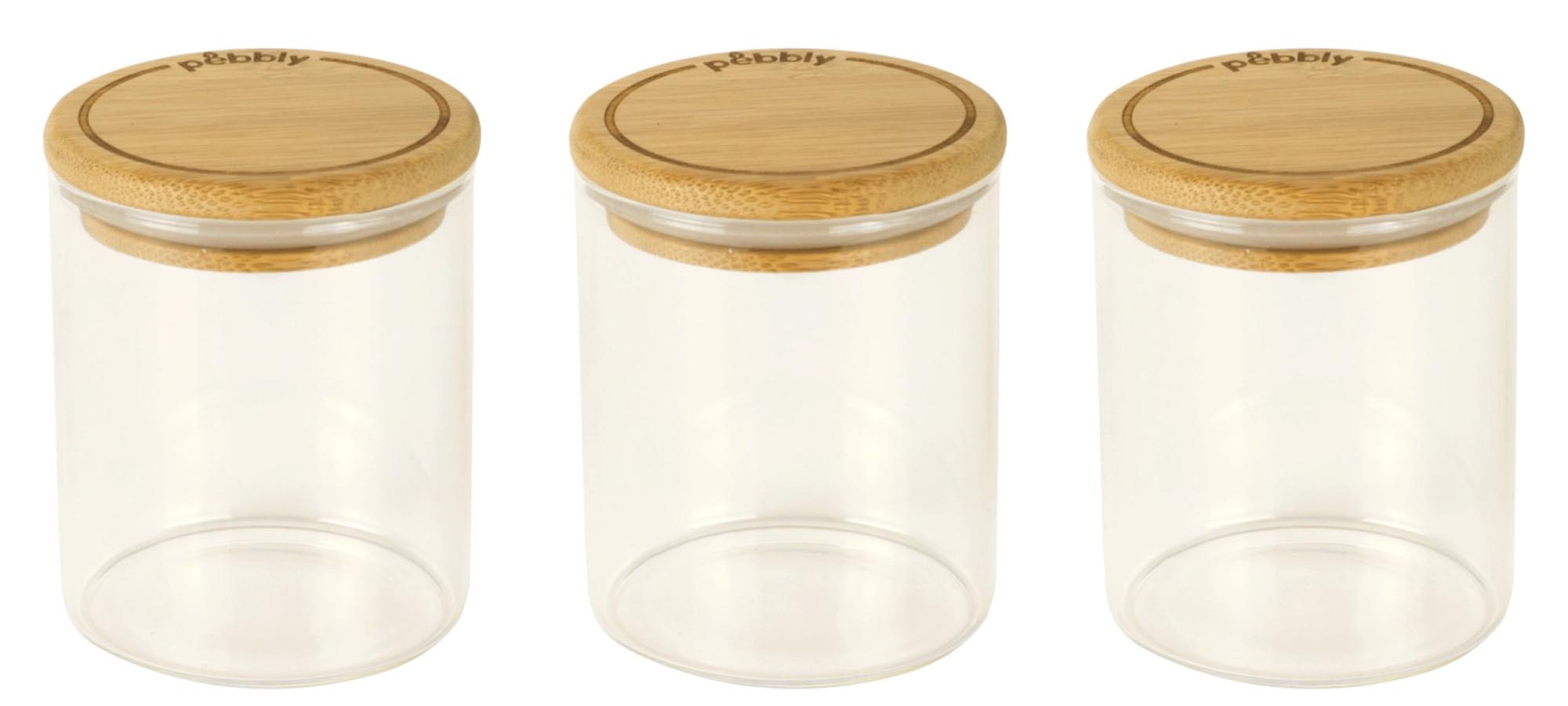 Stilvolles 3er Set Vorratsgläser aus Borosilikatglas mit nachhaltigen Bambusdeckeln, ideal für Gewürze und Nüsse. Luftdicht und modern.