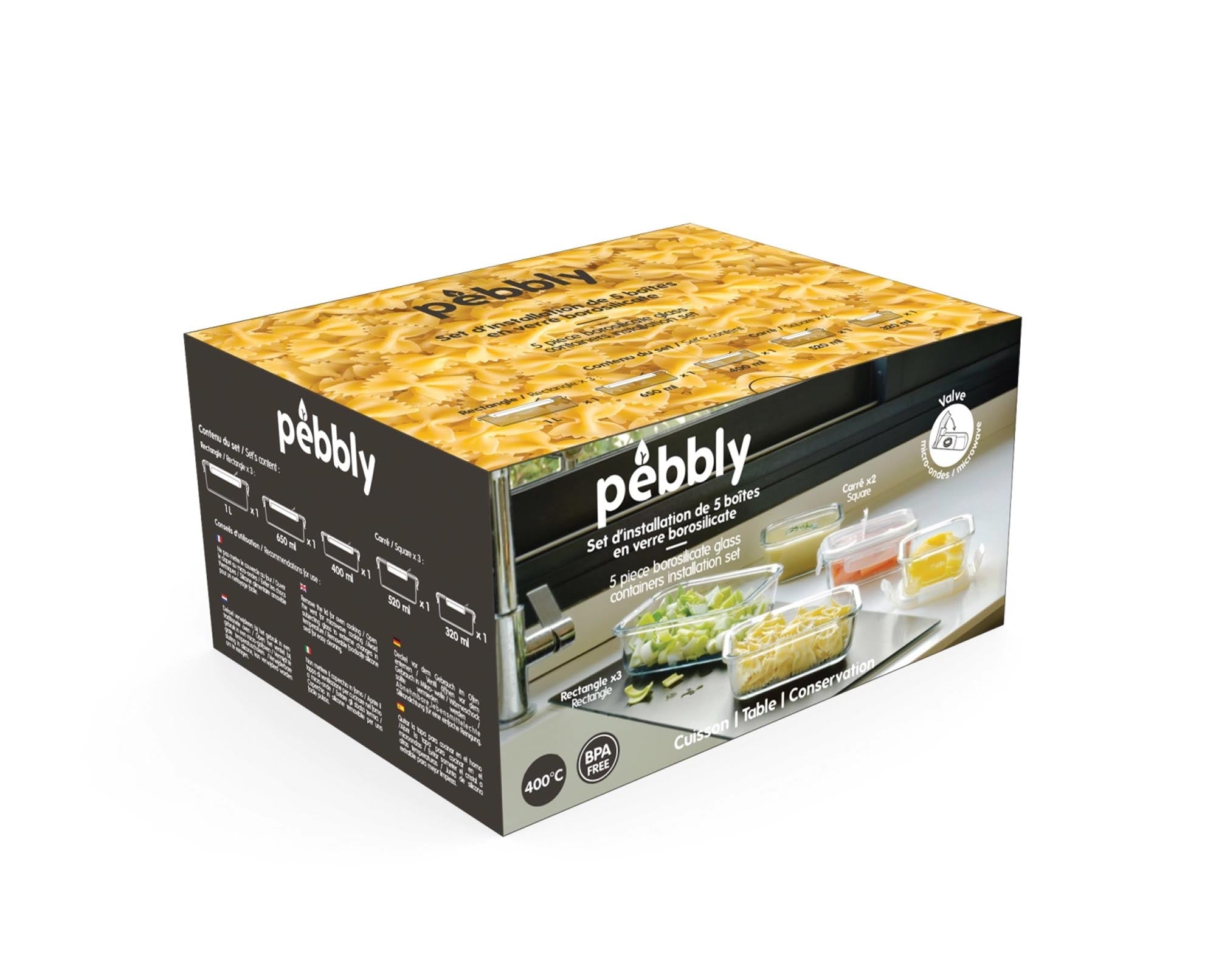 Entdecken Sie das 5-tlg. Glas Vorratsdose Starterset von Pebbly: stilvoll, robust und ideal für die ordentliche Aufbewahrung Ihrer Backzutaten.