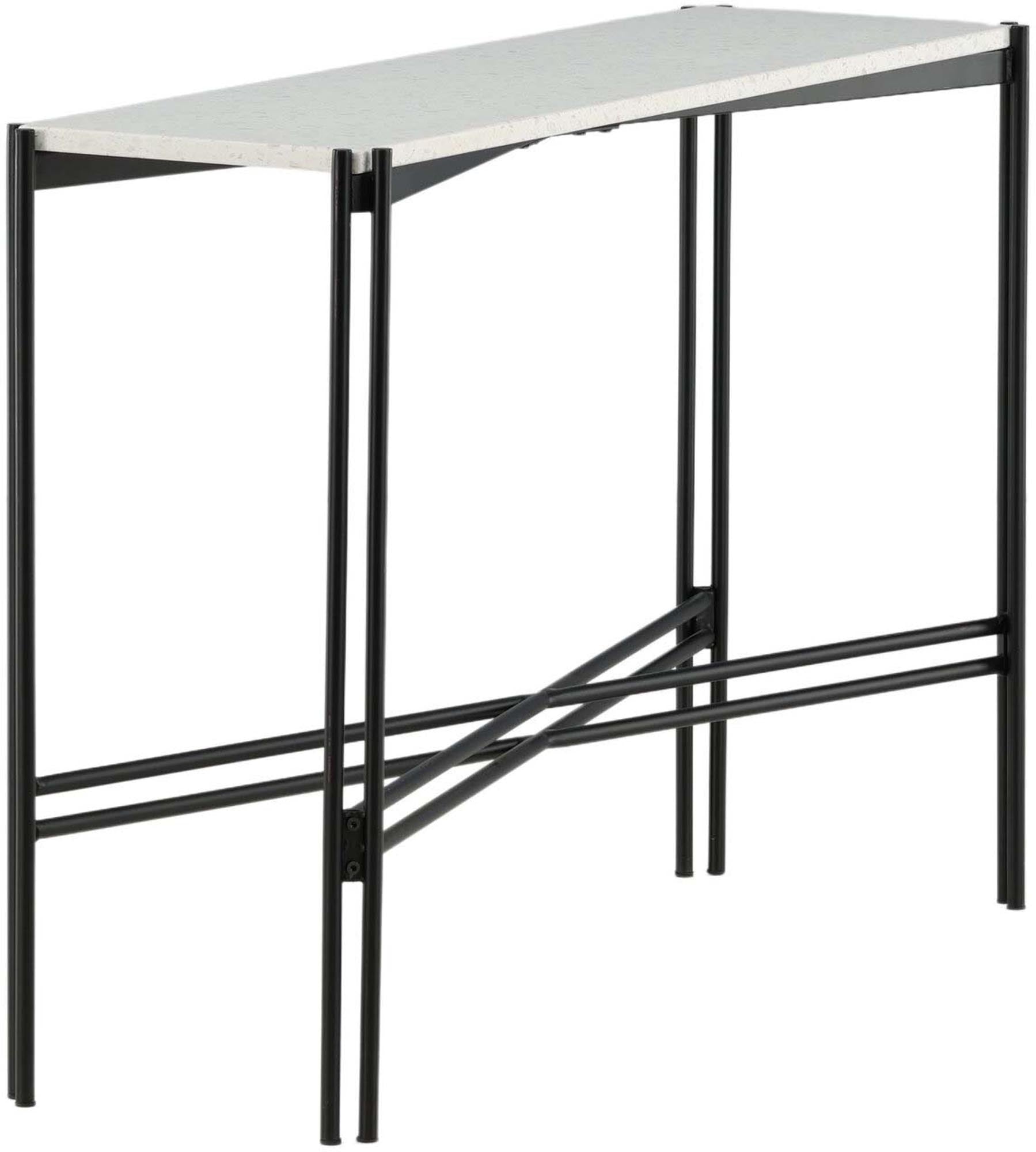 Eleganter Beistelltisch aus weissem Terrazzo mit robustem schwarzem Metallgestell. Ideal für stilvolle Akzente in jedem Raum.