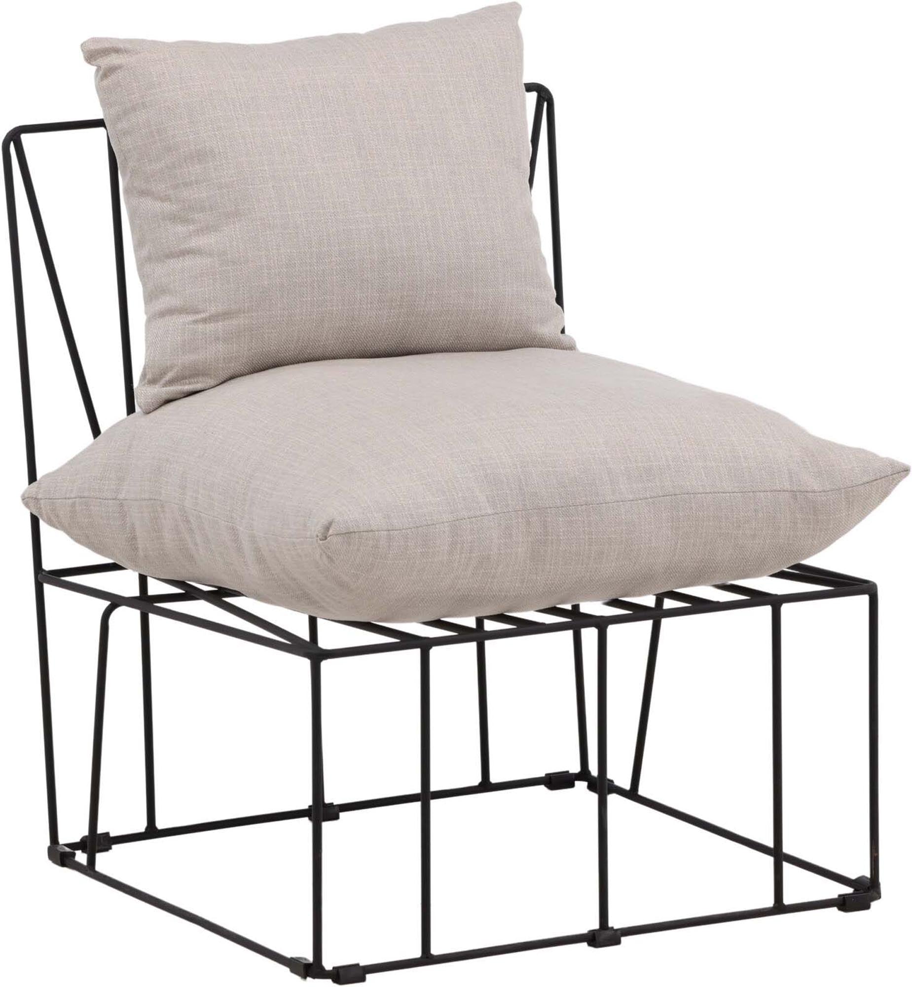 Erleben Sie den Livonia Sessel von Venture Home: Ein stilvolles Industriedesign mit langlebigem Stahlrahmen und weichen Leinenkissen für entspannte Momente.