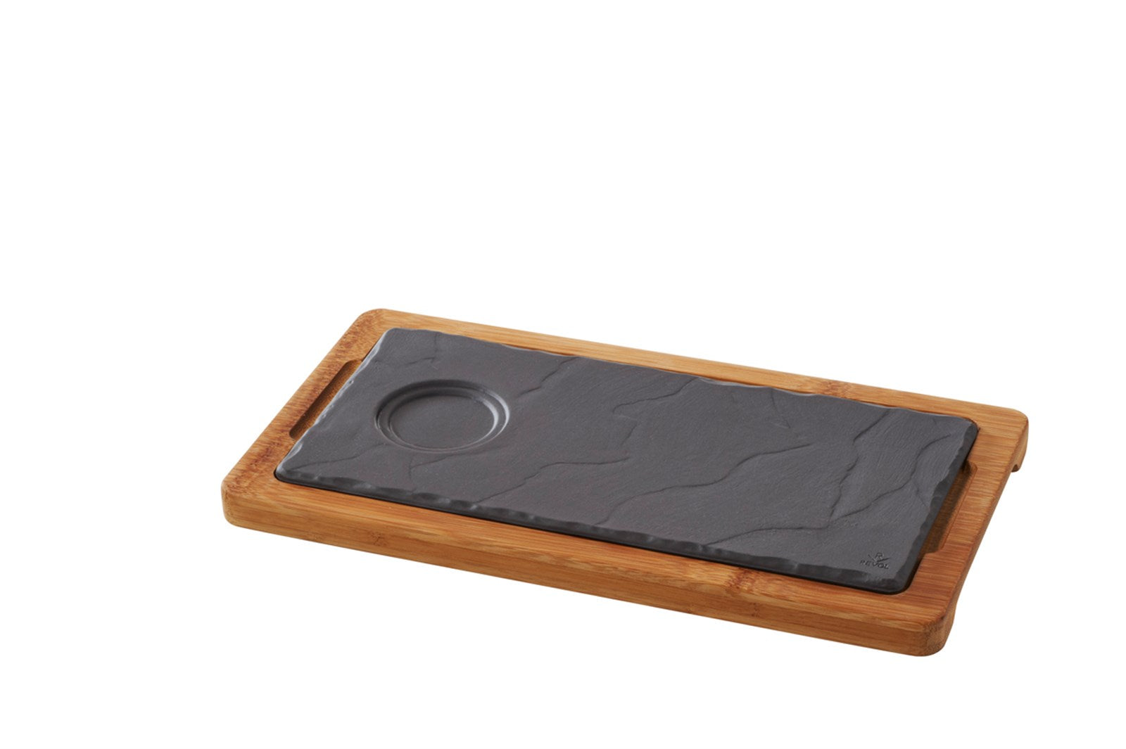 Elegantes Porzellan-Tablett im Schiefer-Stil mit Tassenvertiefung, ideal für stilvolles Servieren von Kaffee und Tee.