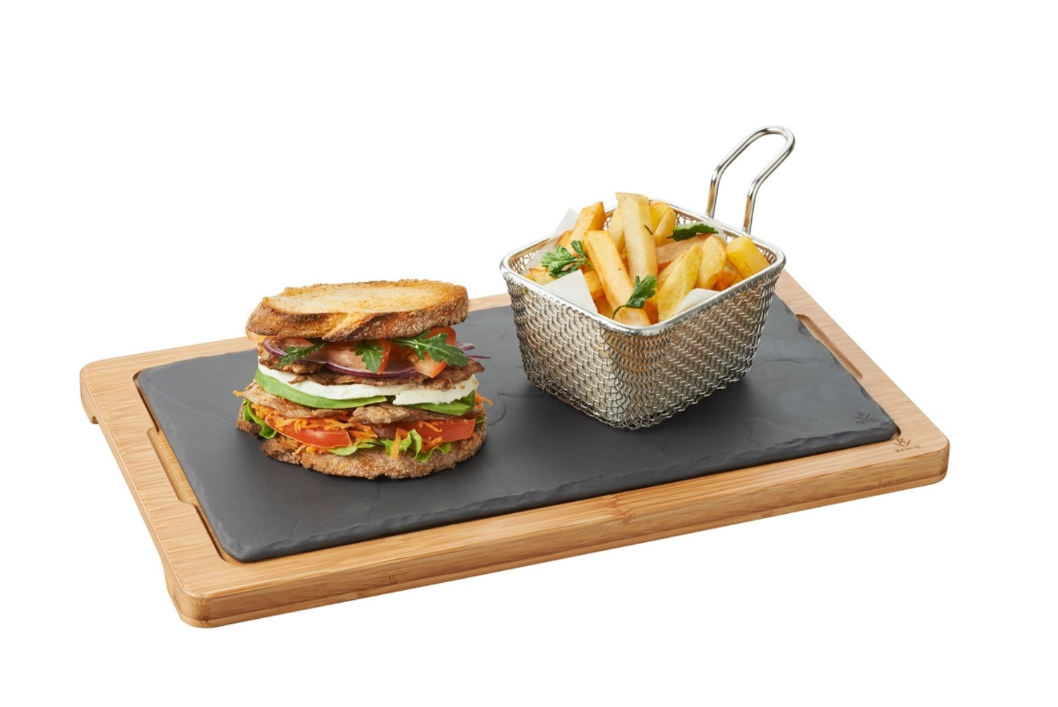 Hochwertiges Bambus-Tablett für Steakteller, 34x20x2 cm, ideal für ansprechende Präsentation von Grillgerichten und Beilagen.