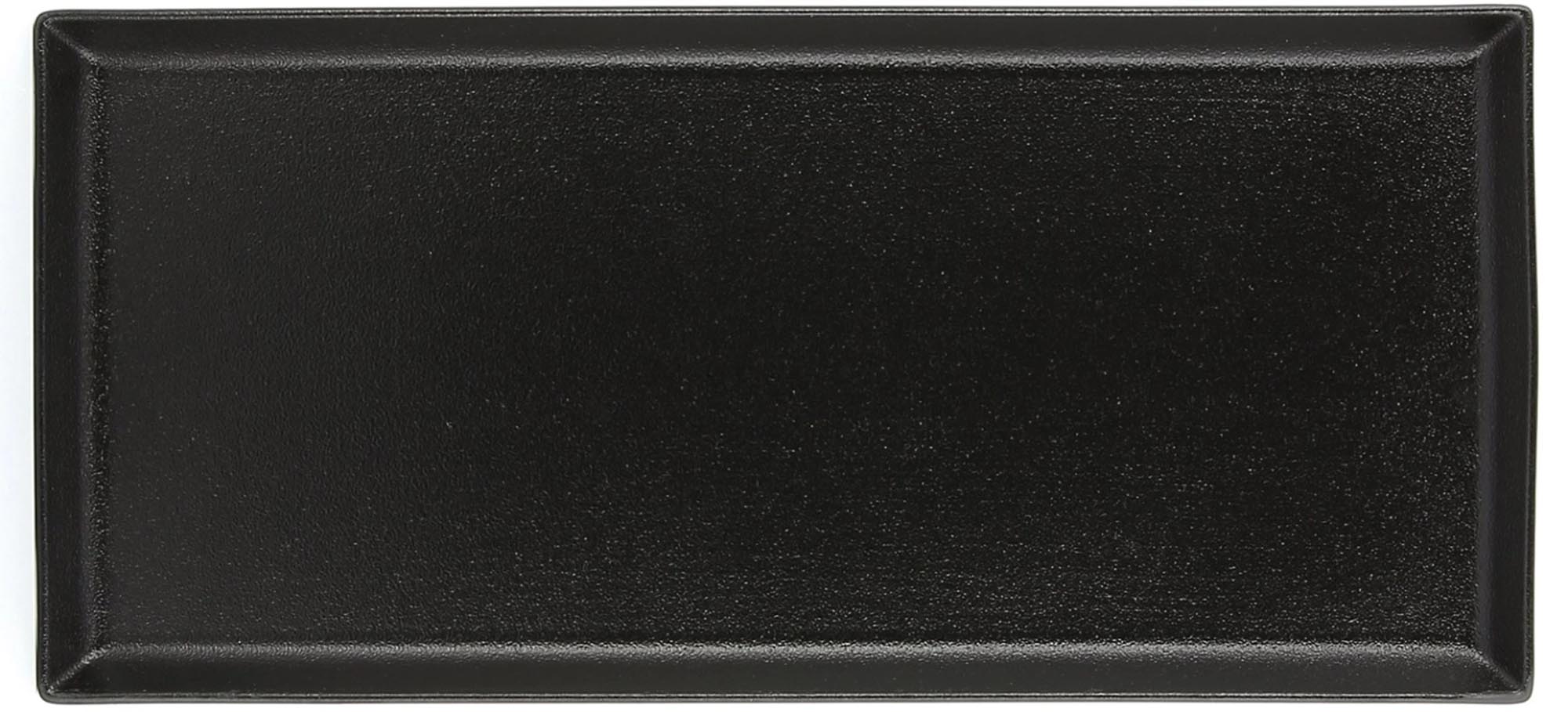 Eleganter, schwarzer Porzellanteller (35x15x1.8 cm) von Revol, ideal für stilvolle Anlässe, robust und spülmaschinenfest.