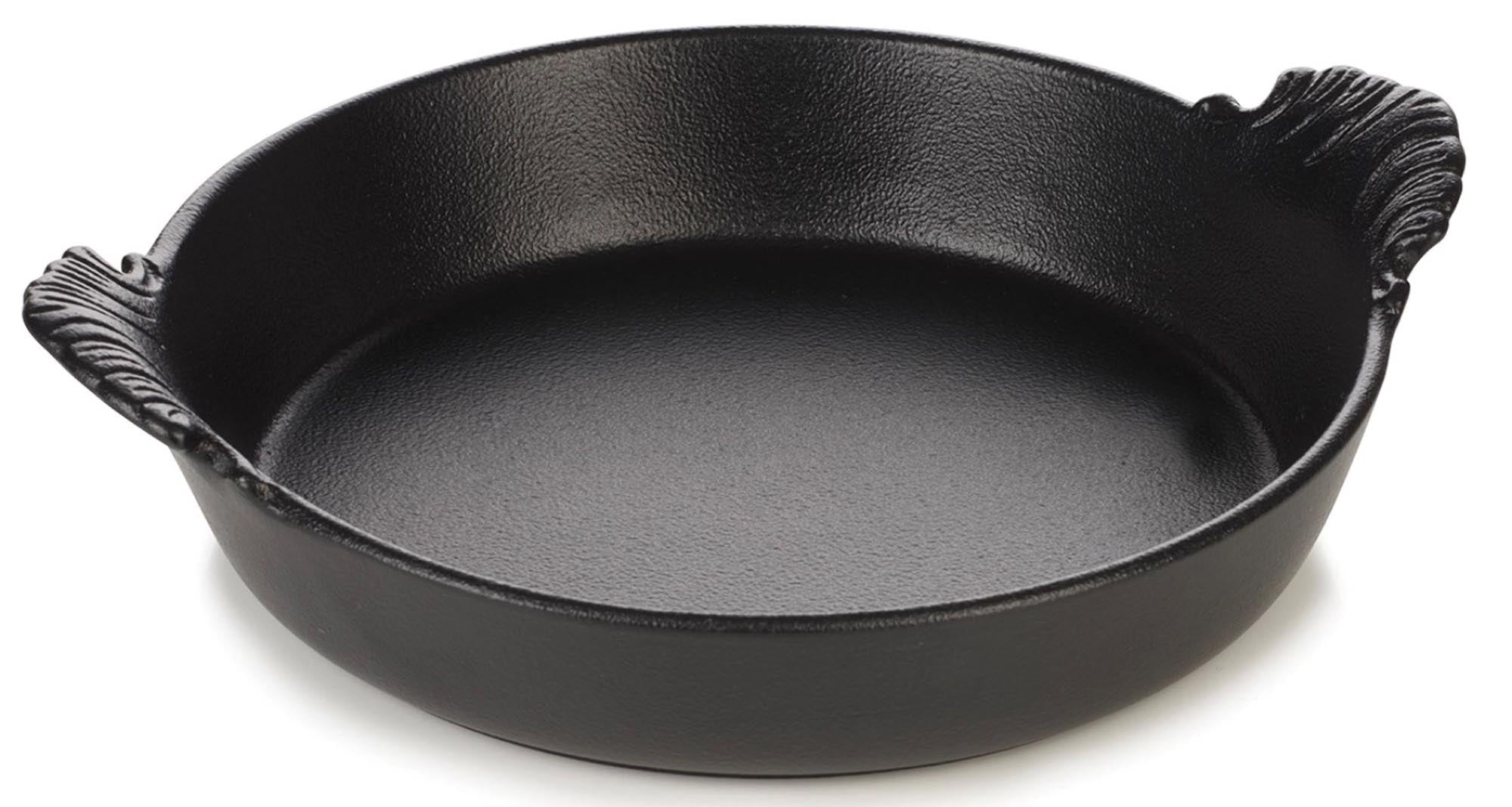 Runde Gratinschüssel von Revol, Ø 18 cm, in Gusseisen-Optik. Hochwertiges Porzellan, kratzfest, mit Griffen. Perfekt für Aufläufe.