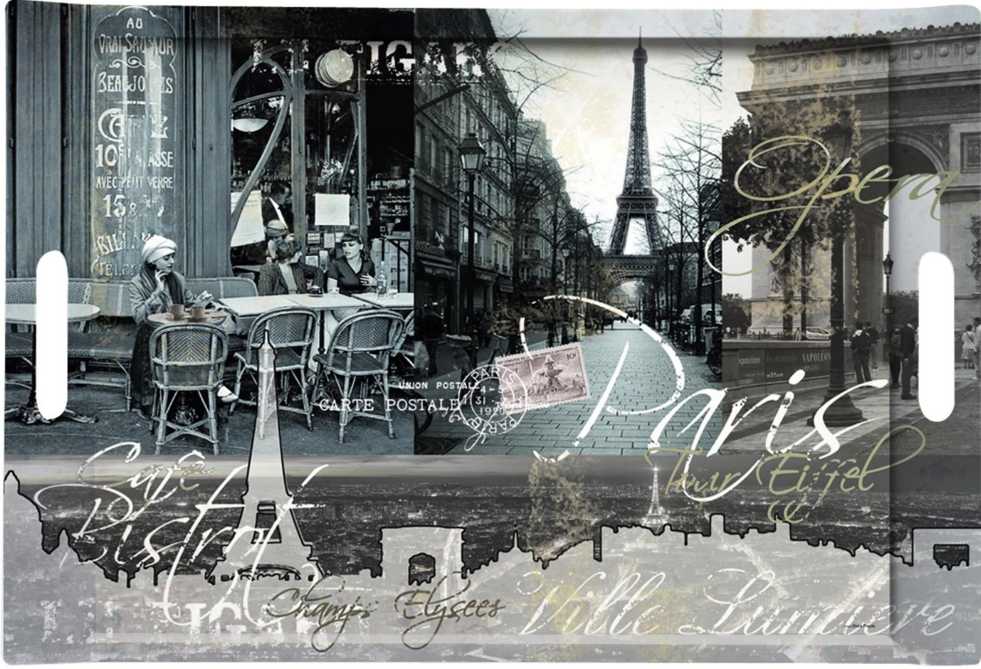 Stilvolles Paris Tablett aus robustem Melamin mit eleganten Griffen, ideal für drinnen und draussen. Vielseitig und langlebig.