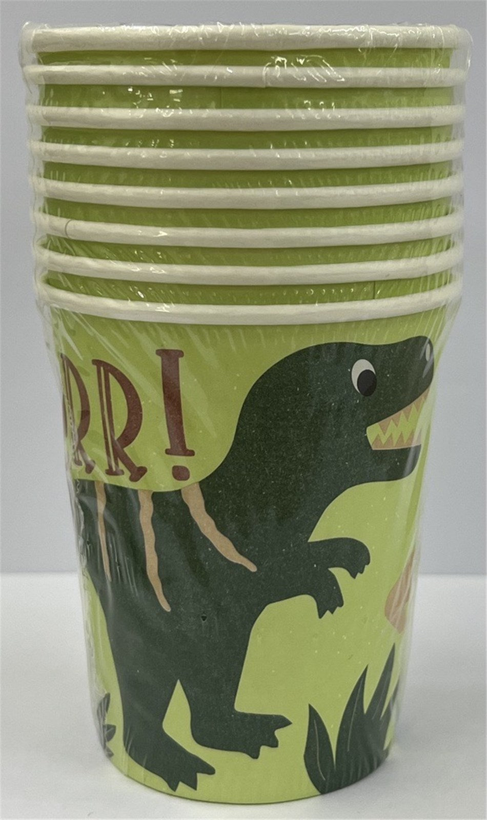 Bunte Dino-Becher 25 cl, ideal für Kinderfeste. Umweltfreundlich, stabil und perfekt für Säfte. Ein Muss für Dino-Fans!