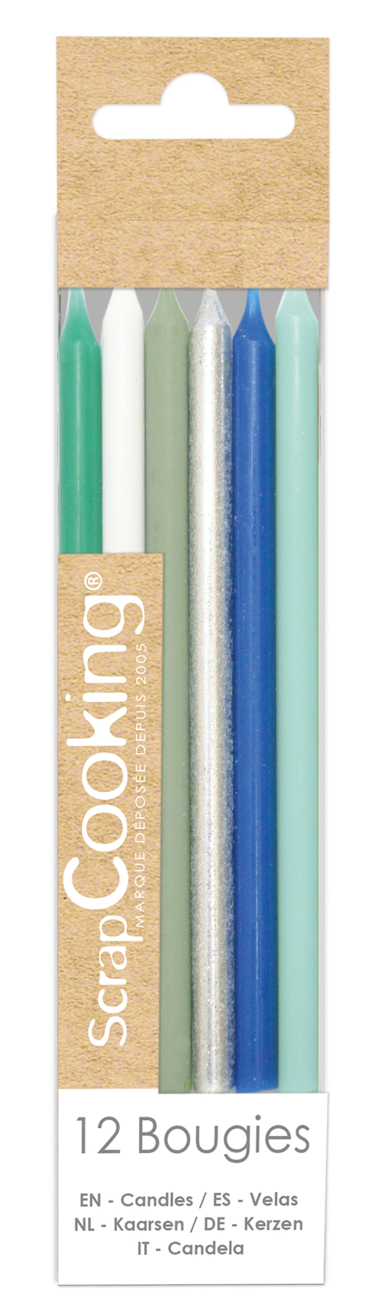 12 bougies set longs bleu et argent 12cm