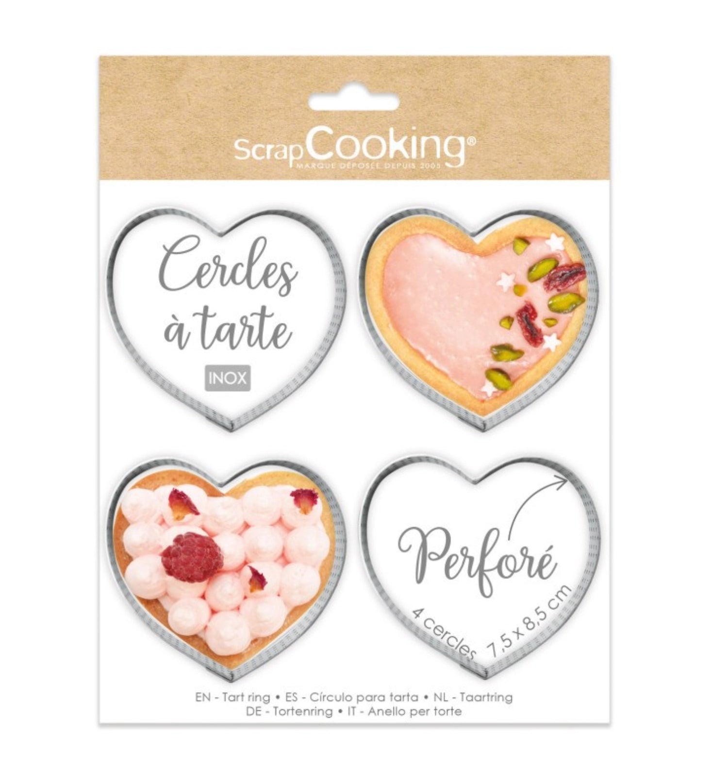 Perforiertes 4er Set Herz-Tortenringe von Scrap Cooking, 7.5x8cm, ideal für kreative Tortengestaltung und besondere Anlässe.
