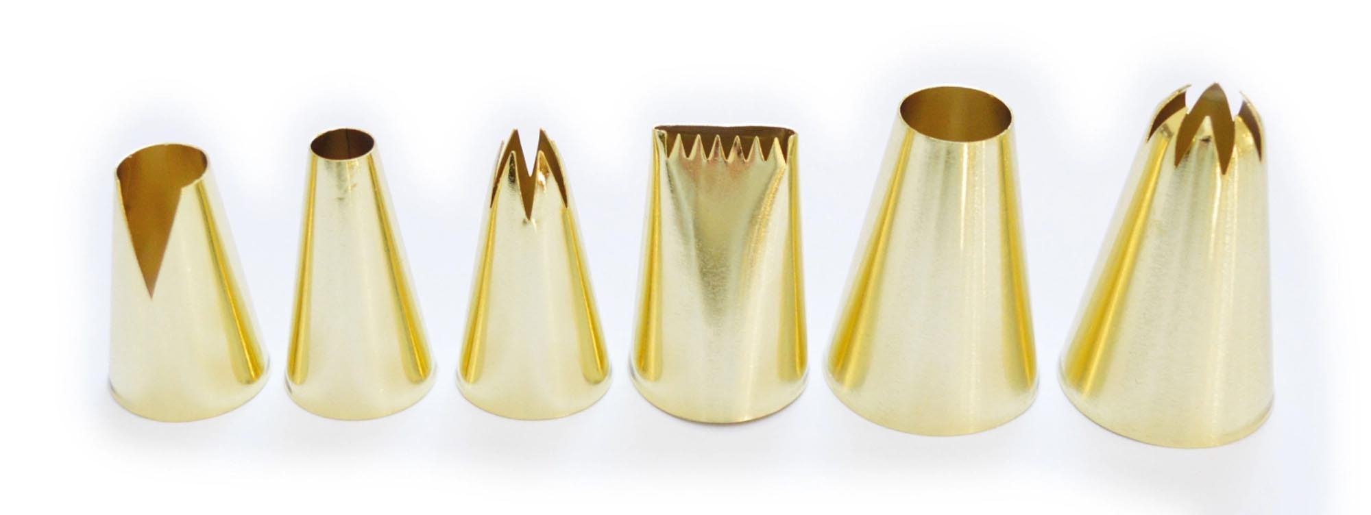 Entdecken Sie das 6er Set Goldene Spritztüllen von Scrap Cooking – ideal für kreative Kuchendekorationen. Hochwertiger Edelstahl, ergonomisch und elegant!