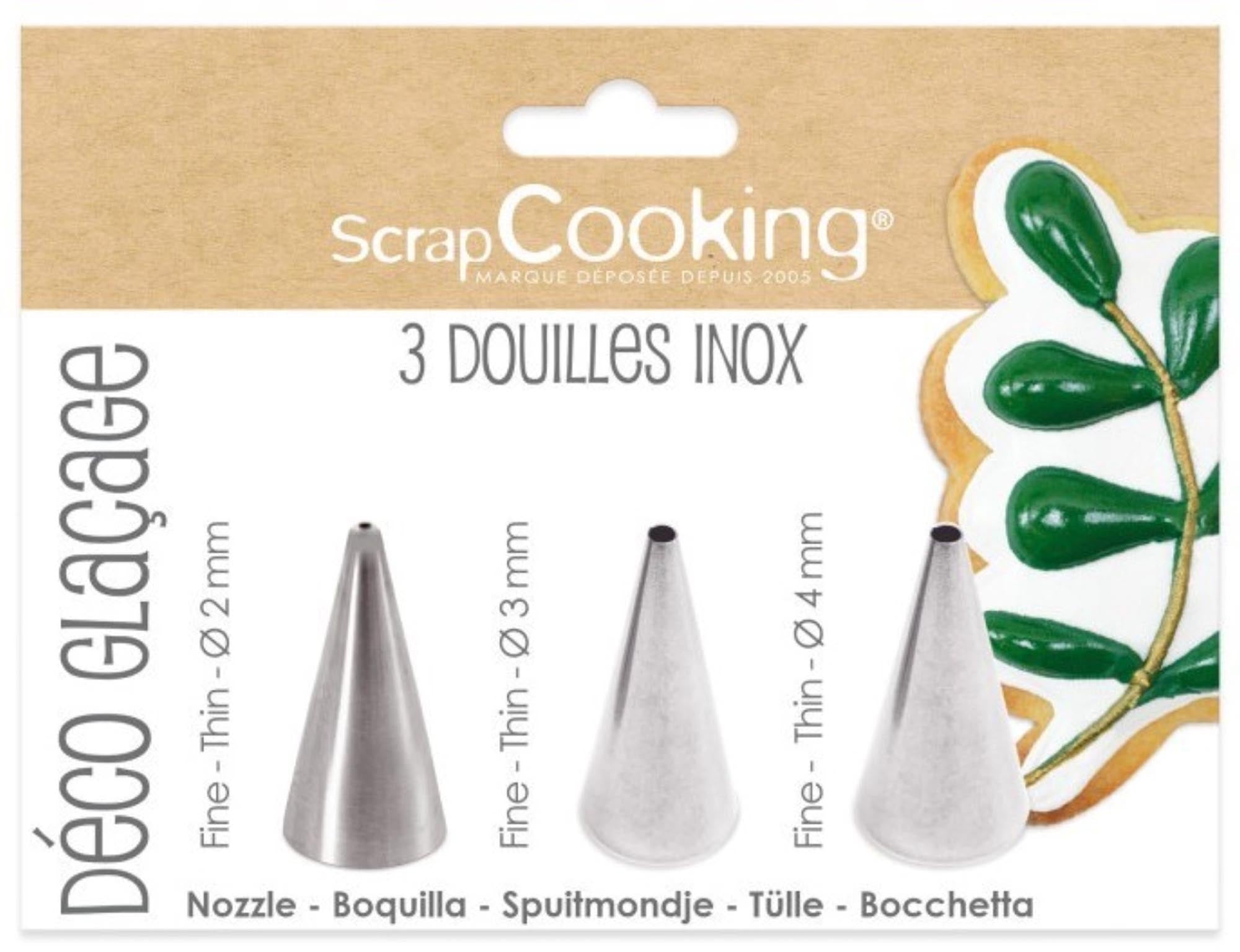 Entdecken Sie das 3er Set Edelstahltüllen Deko Glasur von Scrap Cooking für kreative Kuchendekorationen. Hochwertig, langlebig und spülmaschinenfest!