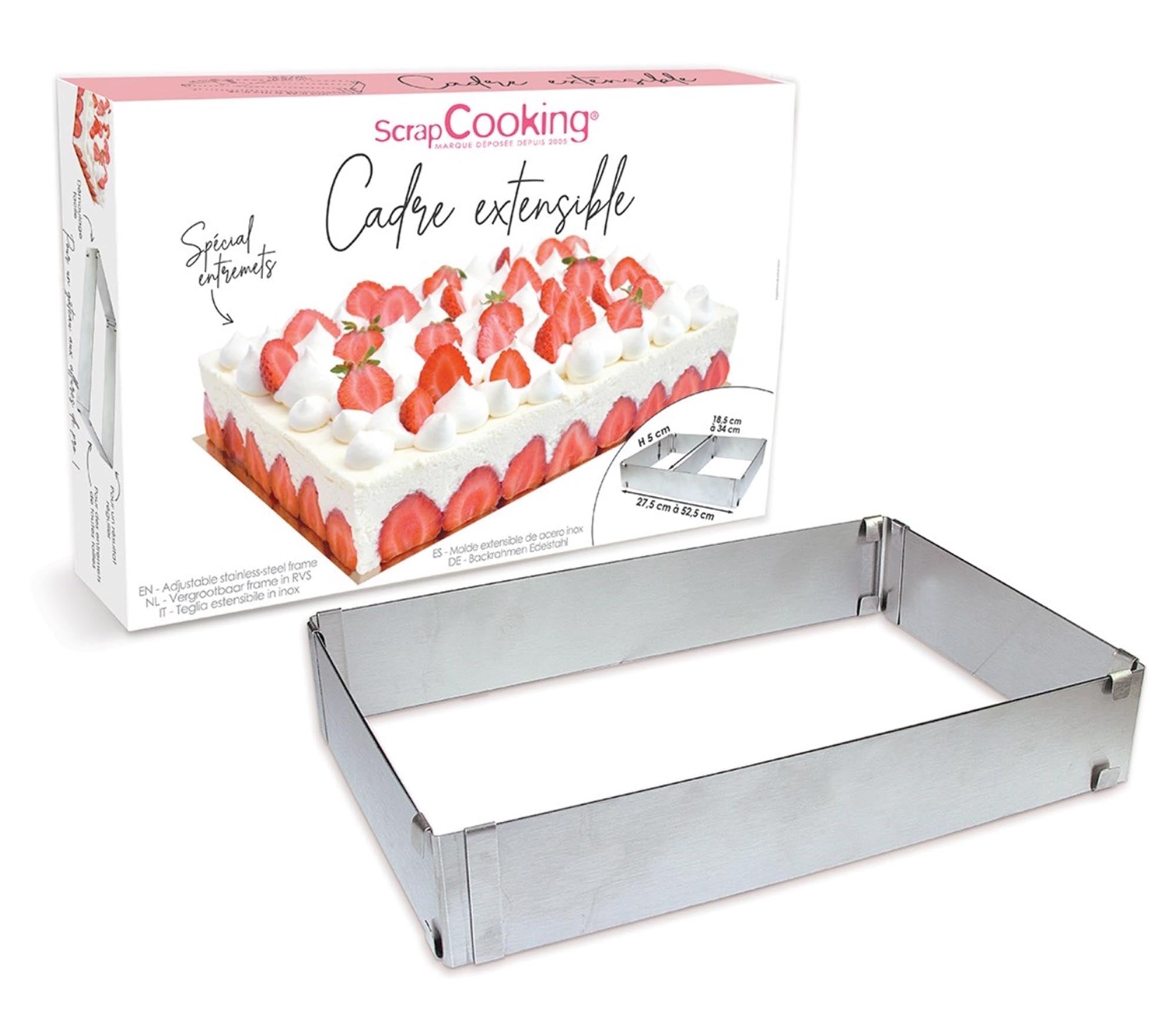 Verstellbare Edelstahlbackform von Scrap Cooking: L27-52cm, B18.5-34cm, H5cm. Vielseitig, langlebig, spülmaschinenfest.