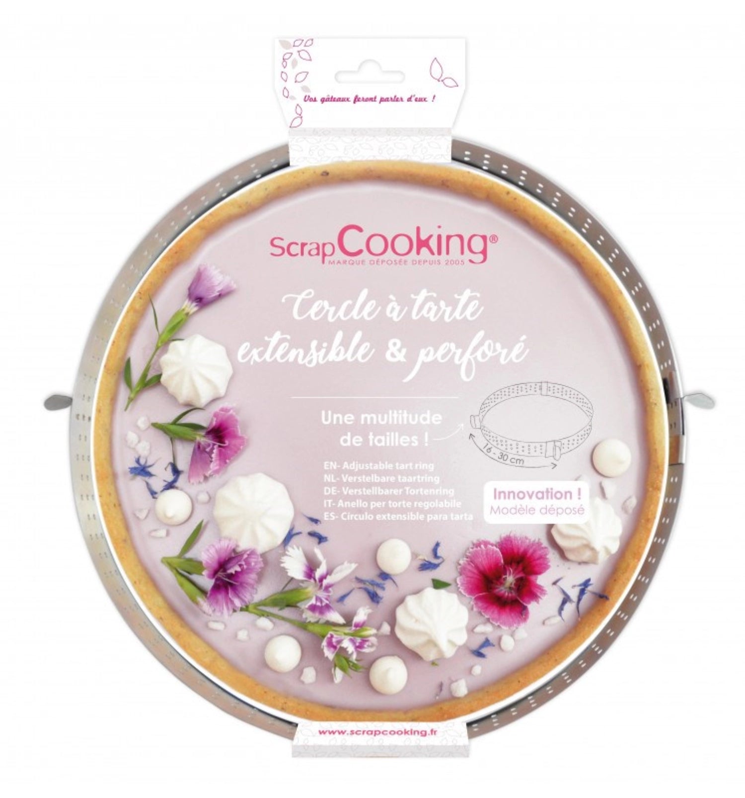Perforierter, ausziehbarer Tortenring von Scrap Cooking, ideal für kreative Backideen, verstellbar von 16 bis 30 cm, Höhe 3 cm.