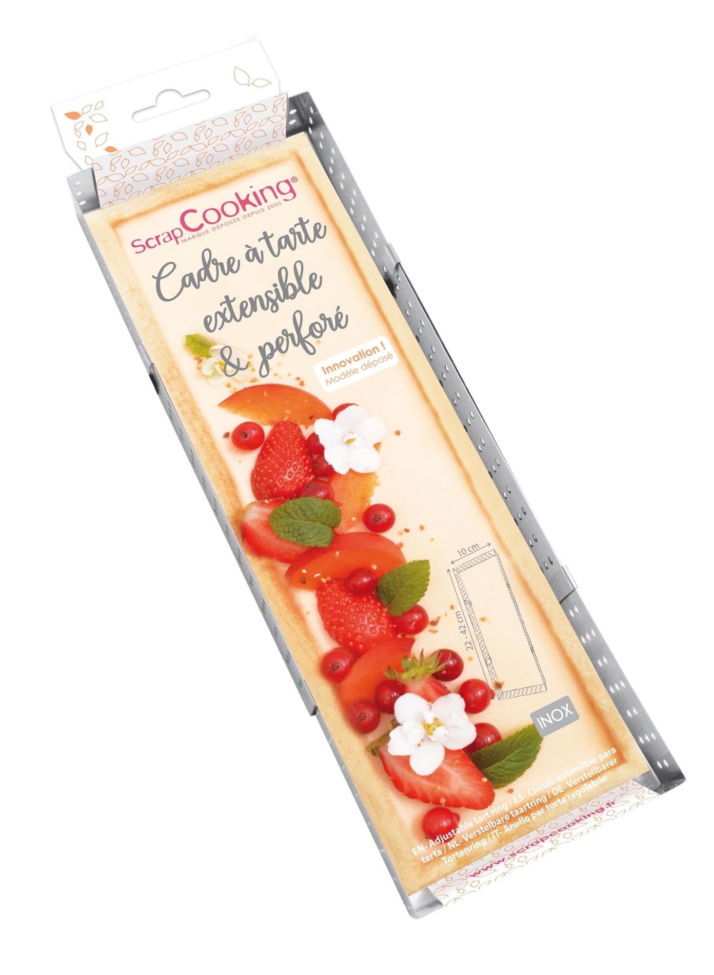 Perforierte Edelstahlbackform von Scrap Cooking, ausziehbar 22-24cm, für gleichmäßiges Backen und vielseitige Anwendungen in der Küche.