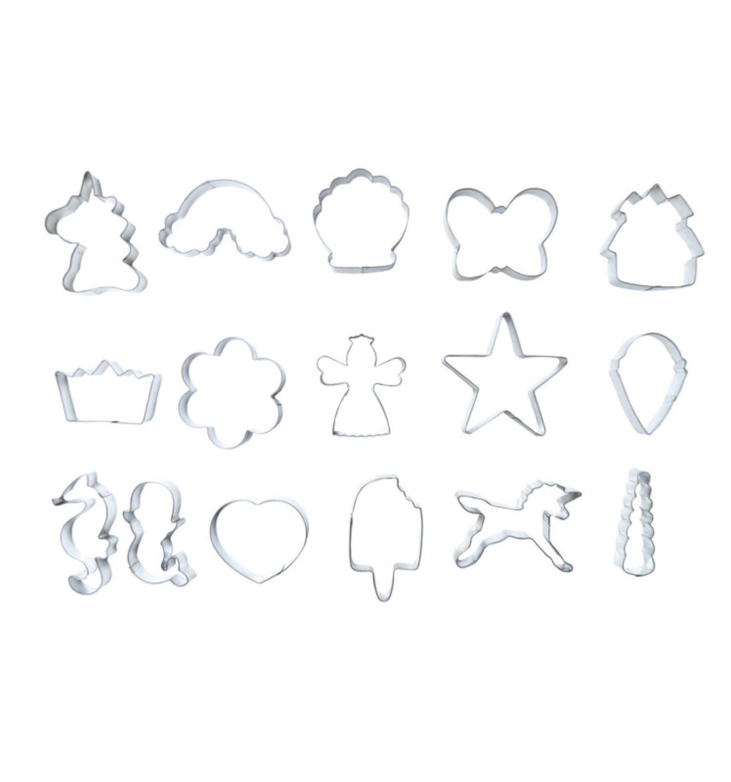 Buntes 16-teiliges Ausstecher-Set von Scrap Cooking, perfekt für die Gestaltung von märchenhaften Keksen und kreativen Backprojekten.
