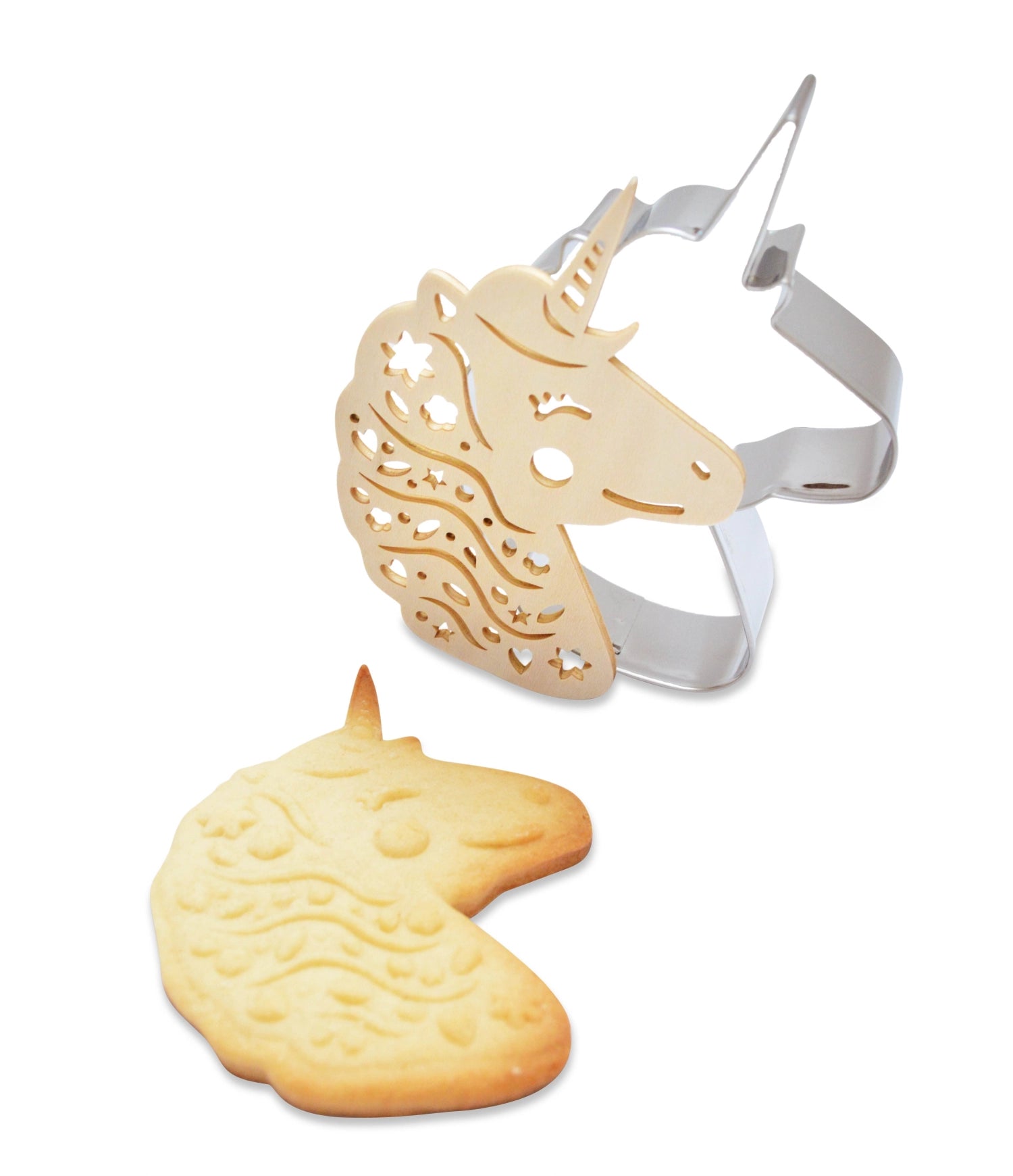 Einhorn Ausstechform und Holzpräger von Scrap Cooking, ideal für fantasievolle Keksdekorationen und zauberhafte Backideen für Kinder.