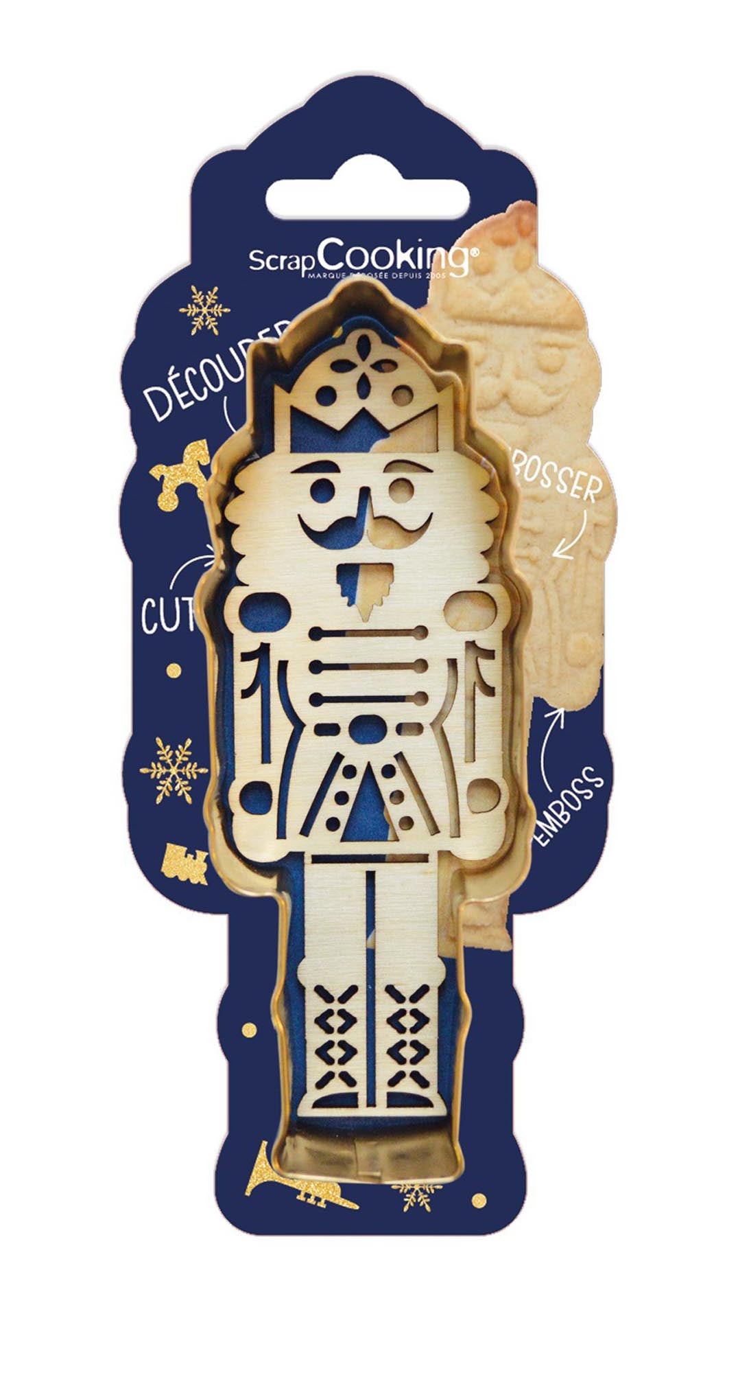 Verleihen Sie Ihren Backkreationen mit dem goldenen Nussknacker-Ausstecher von Scrap Cooking einen Hauch von Eleganz. Perfekt für festliche Anlässe!