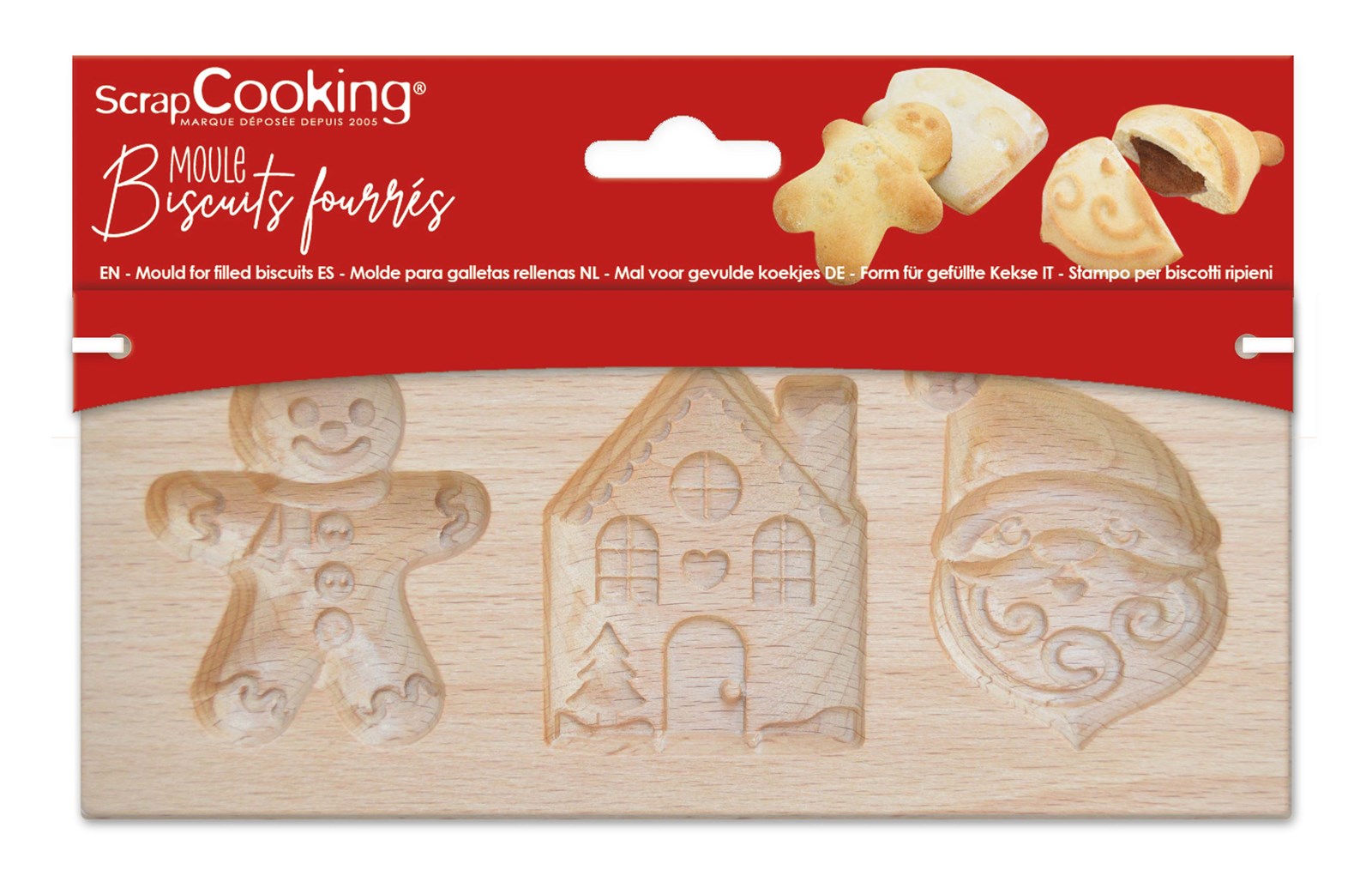 Entdecken Sie die vielseitige Holzform von Scrap Cooking für köstliche gefüllte Kekse. Perfekt für festliche Weihnachtsbäckerei!