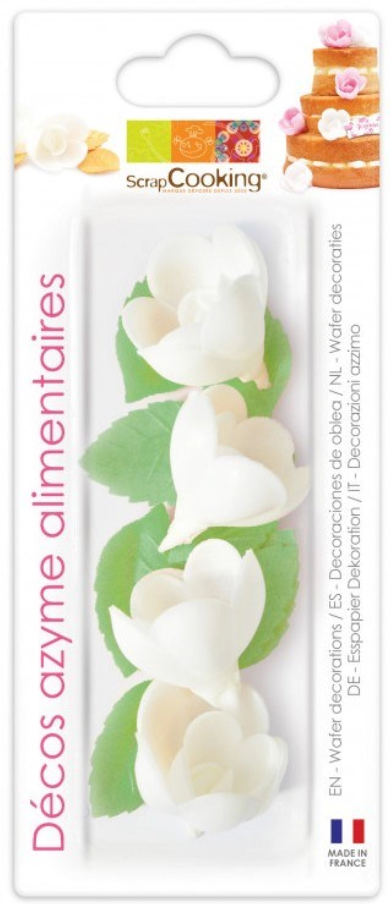 Entdecken Sie die elegante Wafer Deko von Scrap Cooking: 4 weiße Rosen und 6 grüne Blätter aus hochwertigem Esspapier für kreative Tortendekoration.