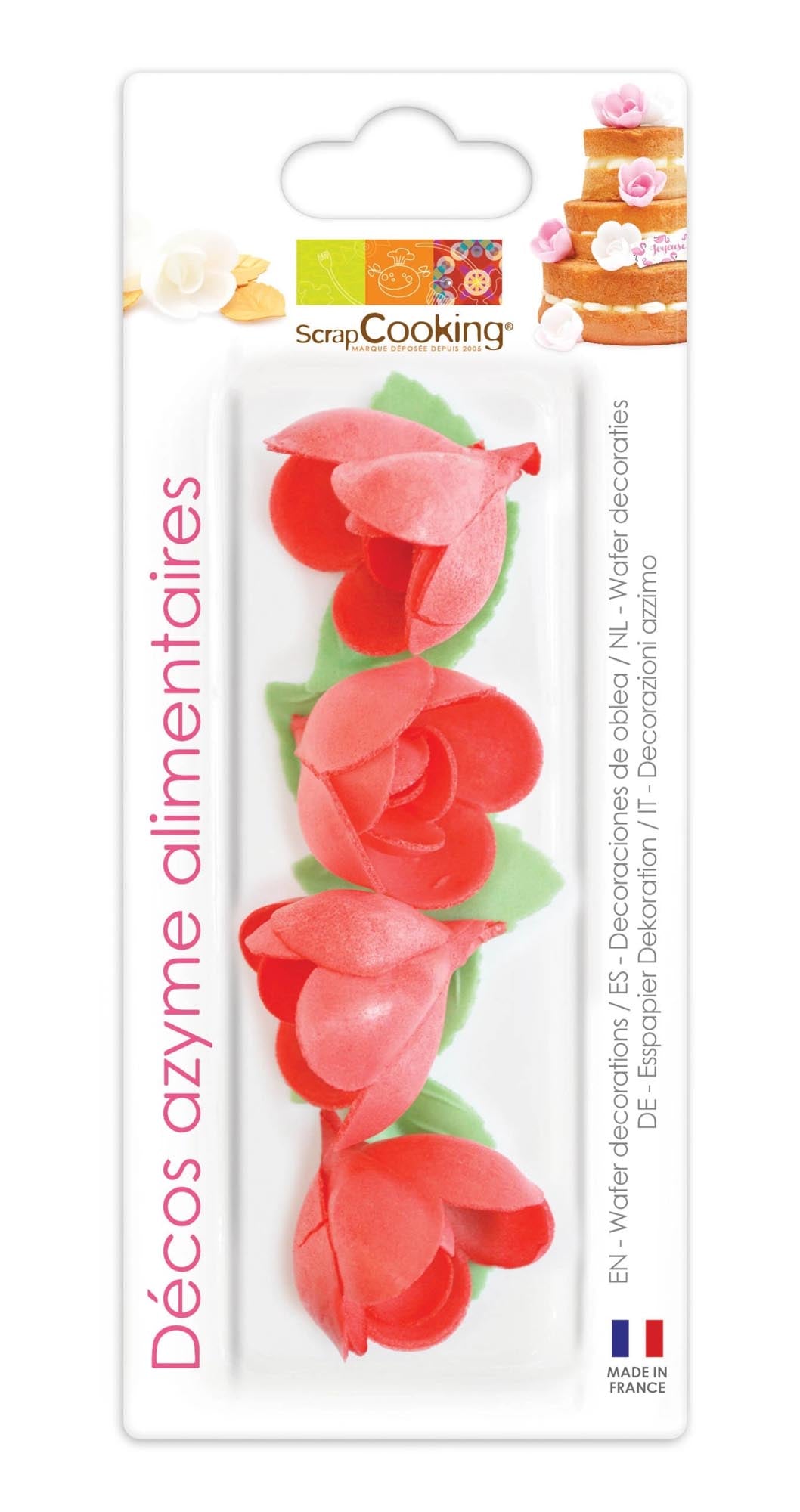 Zauberhafte Tortendeko: 4 rote Rosen & 6 grüne Blätter aus Esspapier. Perfekt für elegante, romantische Backkreationen.