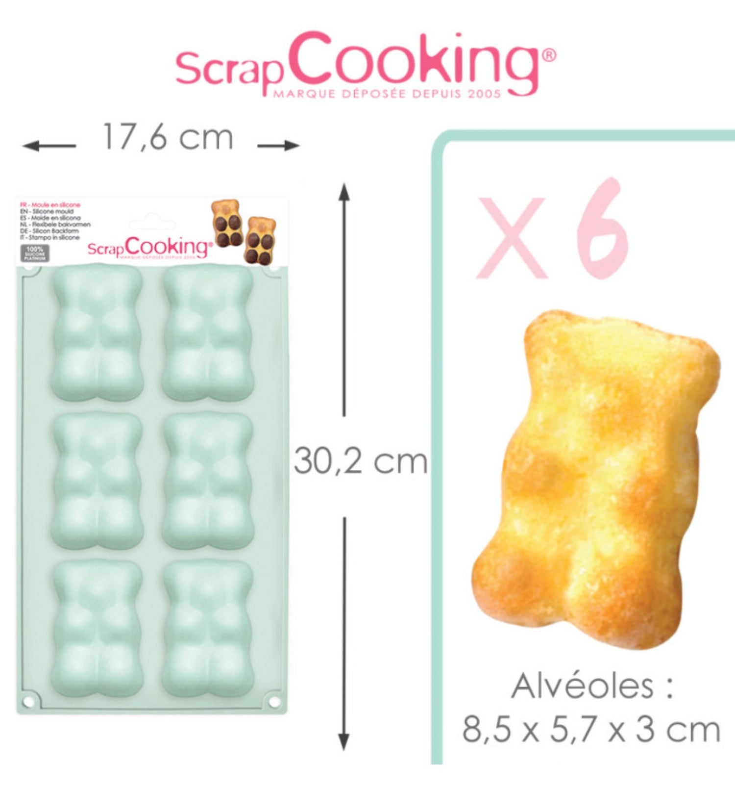 Backen Sie mit der ScrapCooking 6er Silikonbackform Teddy Bär sechs süße Leckereien gleichzeitig! Hochwertiges Silikon, antihaftend und spülmaschinenfest – ideal für kreative Desserts.
