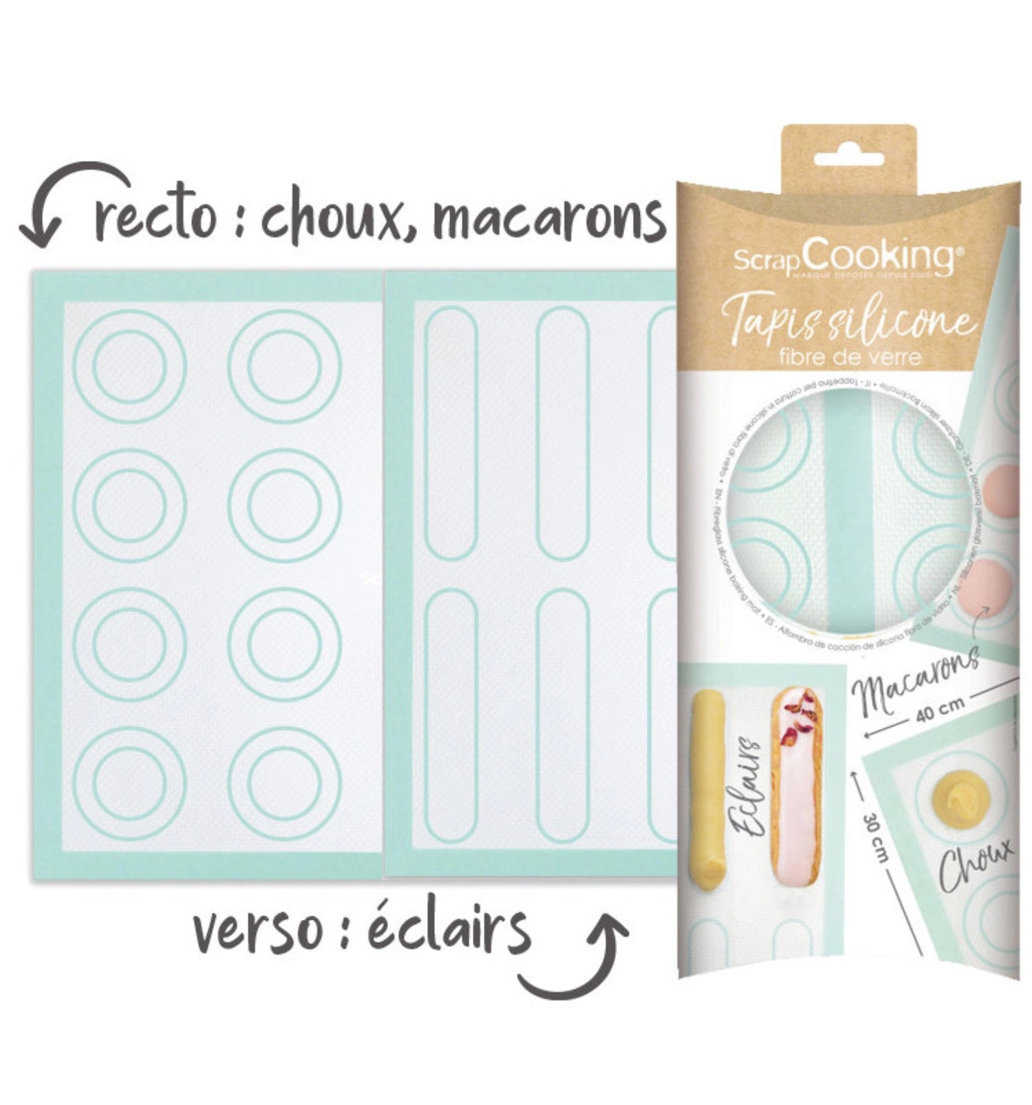 Hochwertige Glasfaser Silikon Backmatte von Scrap Cooking, ideal für die Zubereitung von Choux, Éclair und Macarons, hitzebeständig und antihaftbeschichtet.